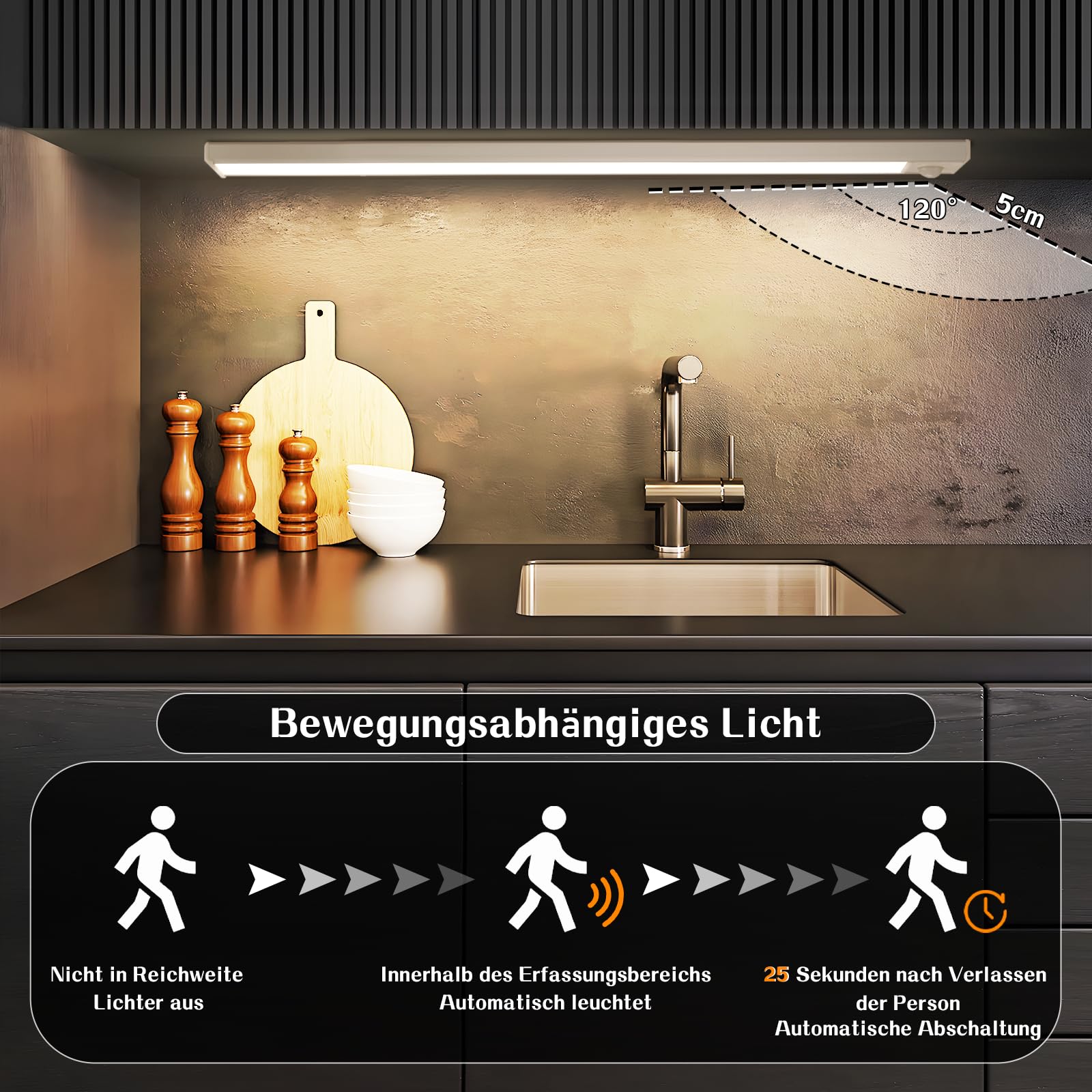 Homefire Unterbauleuchte Küche Led mit Bewegungsmelder 40CM 4 Stück Silber | Schrankbeleuchtung Dimmbar 3 Farbtemperatur Schrankleuchte USB 1500mAh*2 Wiederaufladbar Treppenlicht für Schlafzimmer Flur