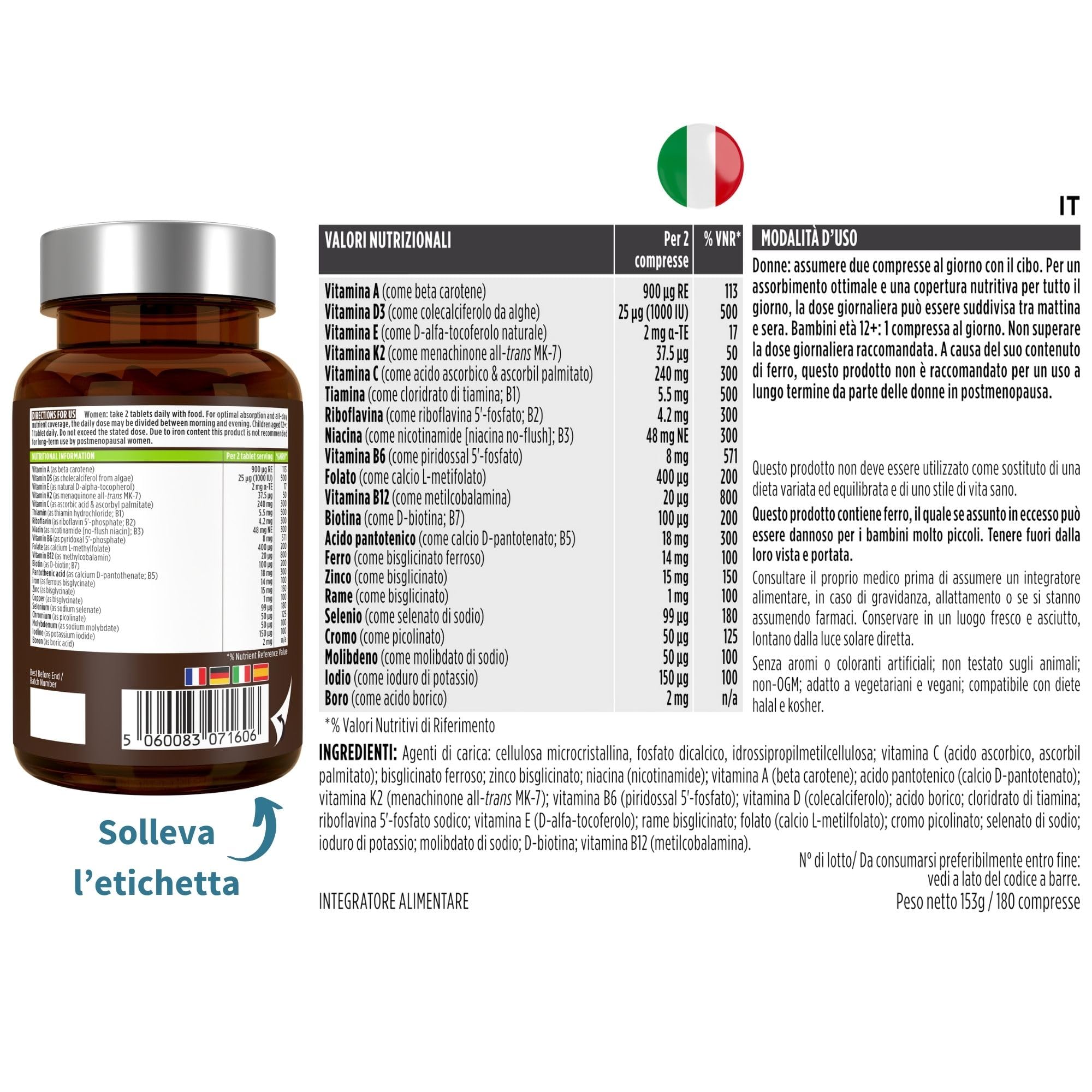 Igennus Multivitaminico Donna con Metilfolato, Metilcobalamina B12 e Ferro, Formula a Rilascio Prolungato e Alto Assorbimento con Vitamine B Metilate, 180 Compresse Vegane, Ingredienti Puliti e Puri