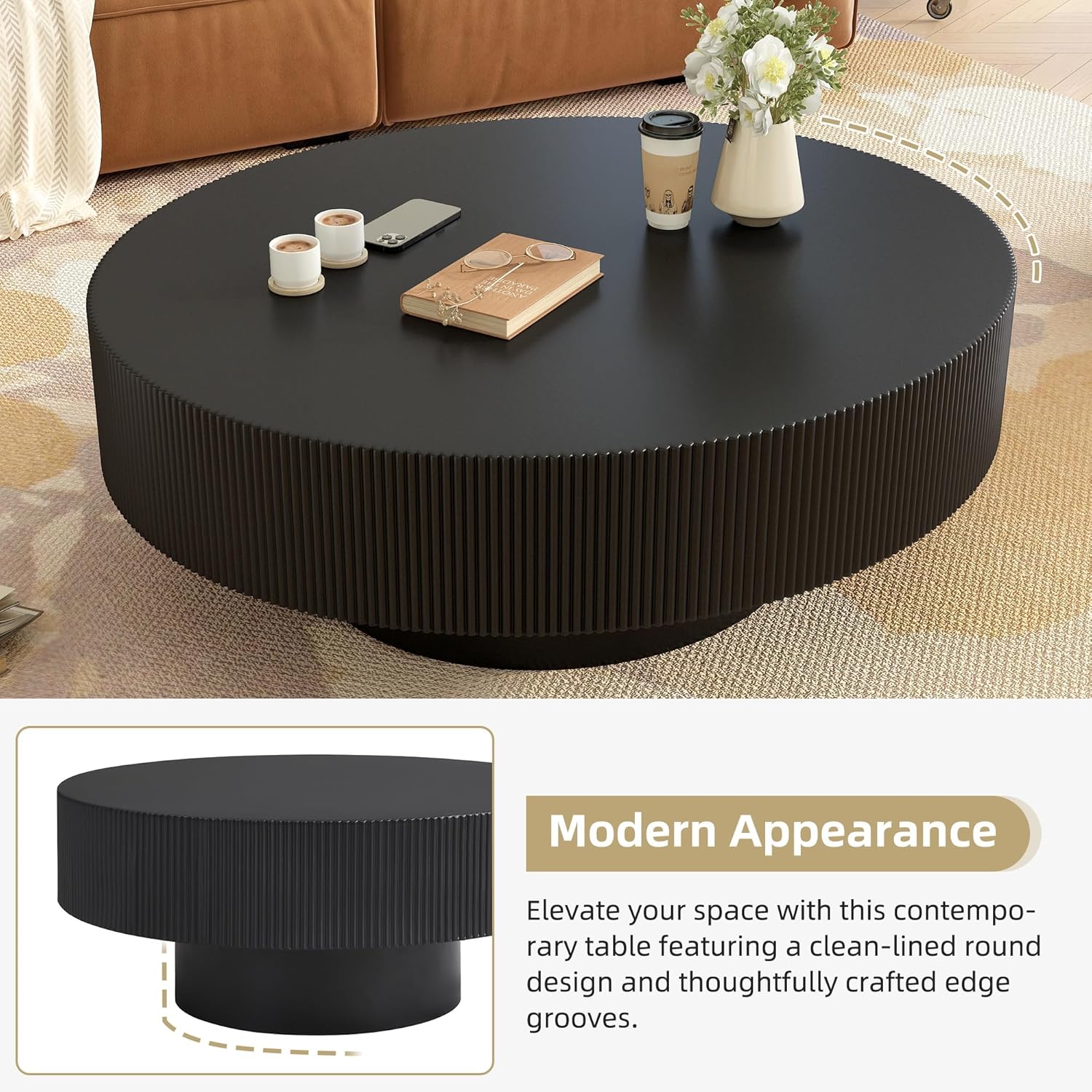 Black Round Coffee Table 31.5'' Contemporary Modern Circle Coffee Table Pedestal Center Table Wood Accent Tea Table for Living Room Apartment