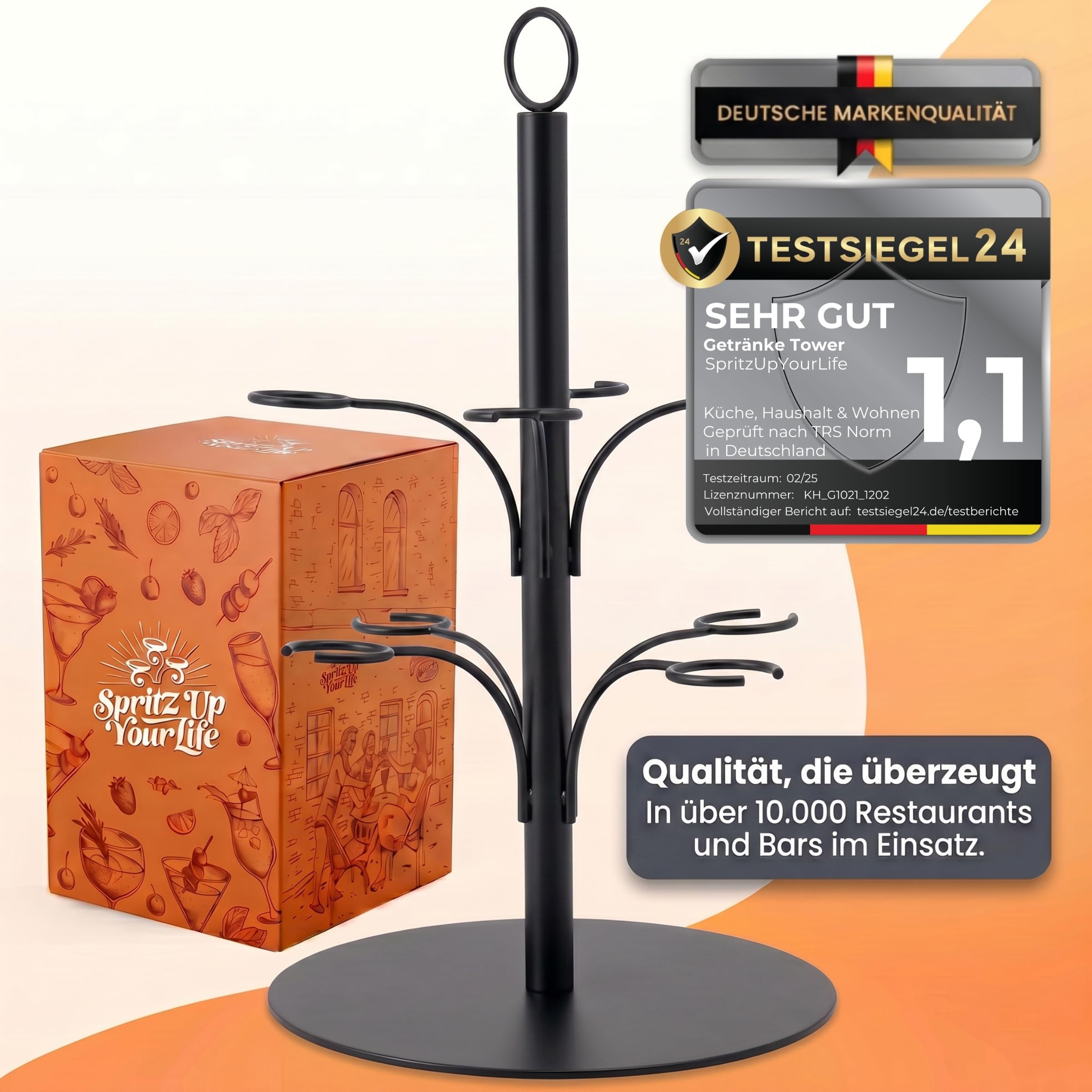 Getränke Tower ohne Montage - Aperol Ständer für 8 Gläser - Bar Zubehör für Gastronomie - Cocktail Tower und Champagner Geschenk - Alternative zur Aperol Maschine (schwarz)