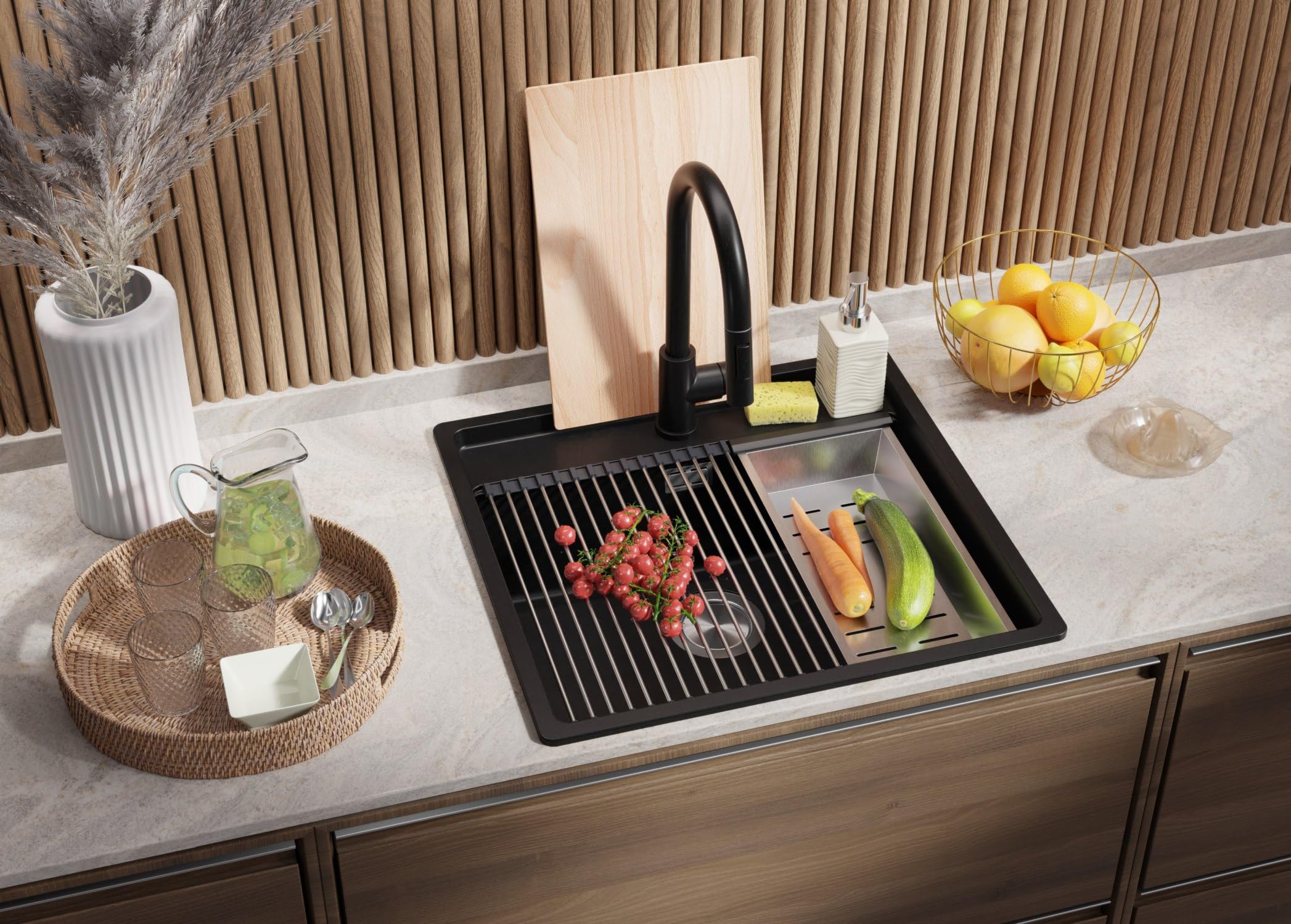PRIMAGRAN Fregadero Granito Todo Negro - Bergen Low Cut Top Slim, 56x53cm | Cocina 1 Seno + Grifo 38x14cm + Zuberhor-Set, sobre Encimera al Mueble 60cm (S220)