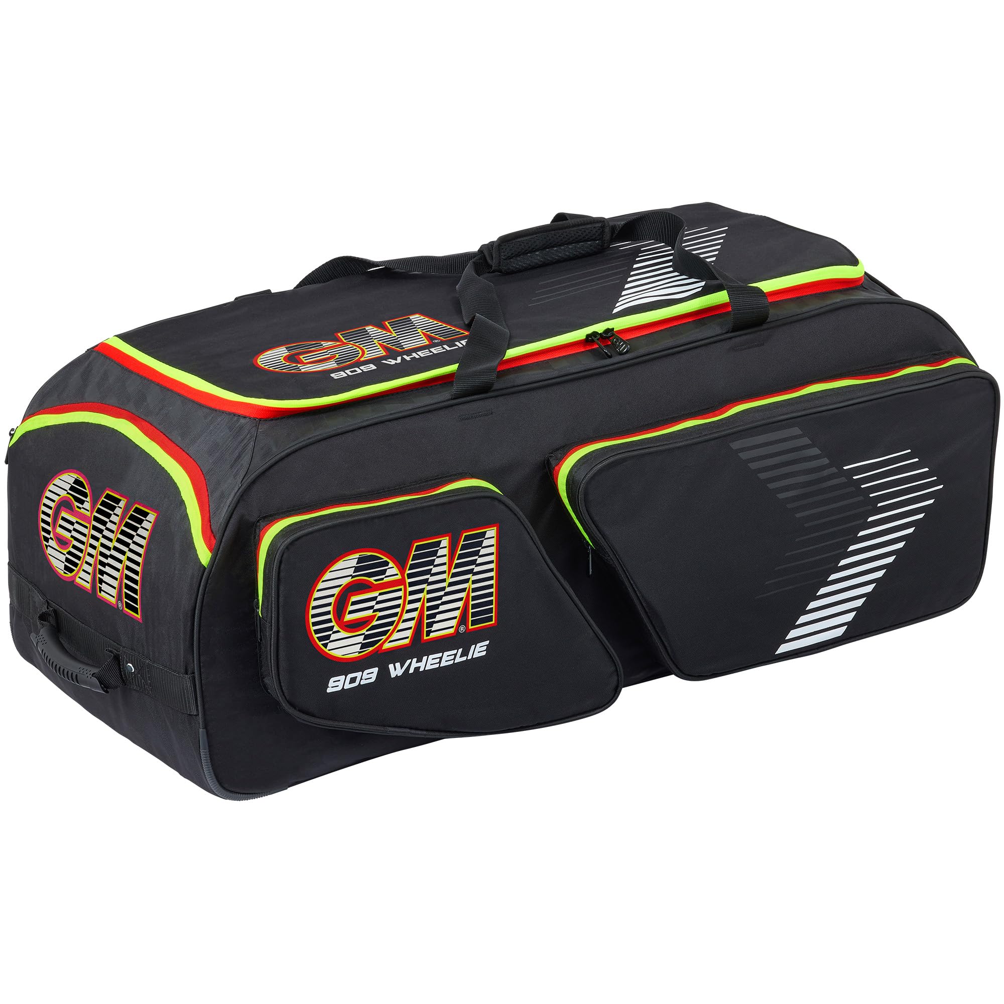 Gunn & Moore GM | 909 Wheelie Cricket Bag Holdall | Moulded Rubber & Padded Carry Handles for Comfort | Volume 107 litres | Tough 600 Denier Polyester | Black Red & Yellow