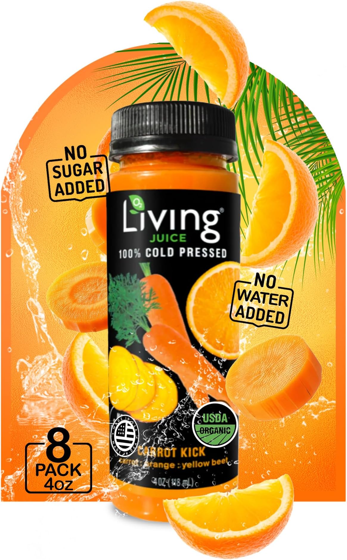 O2 Living Carrot Kick Mini Organic Cold Pressed Juice | Refreshing Carrot, Orange & Yellow Beet Juice for Quick Wellness Boost | No Added Sugar or Water | Natural Sweetness | Non-GMO | 4 oz, 8-Pack