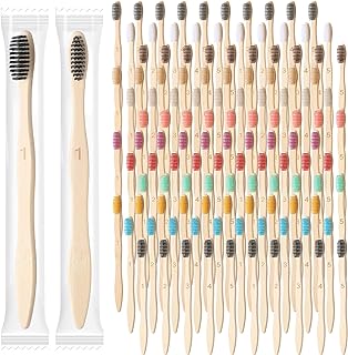 120 Pcs Bamboo Toothbrushes Bulk Soft Bristle Toothbrush Wooden Disposable Travel Toothbrush Bamboo Charcoal Individually Wrapped Toothbrush for Kid Adult Home Travel Use, 7.5 Inch, 12 Colors (Number)