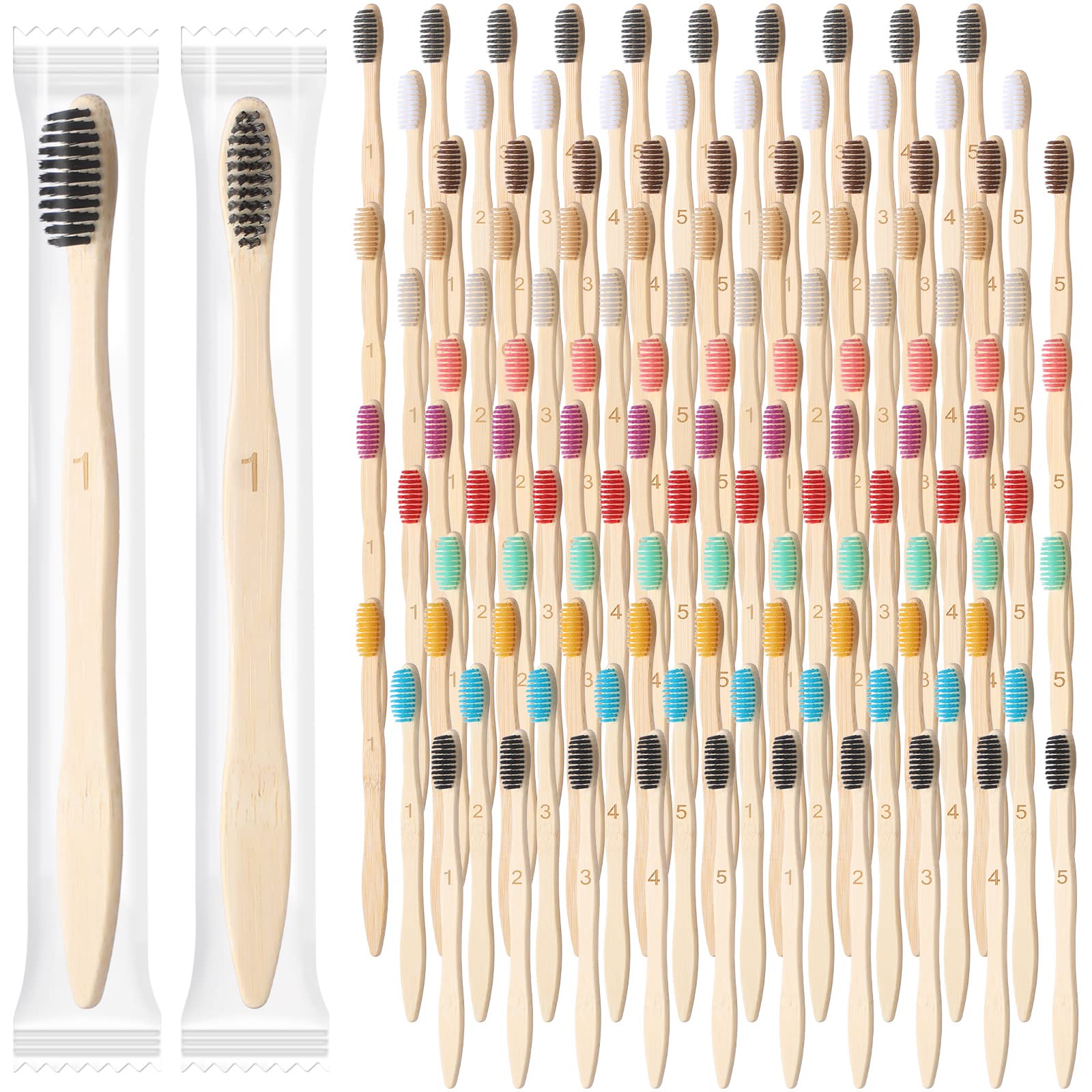Sieral 120 Pcs Bamboo Toothbrushes Bulk Soft Bristle Individually Wrapped Travel Toothbrush Natural Wooden Tooth Brush for Homeless