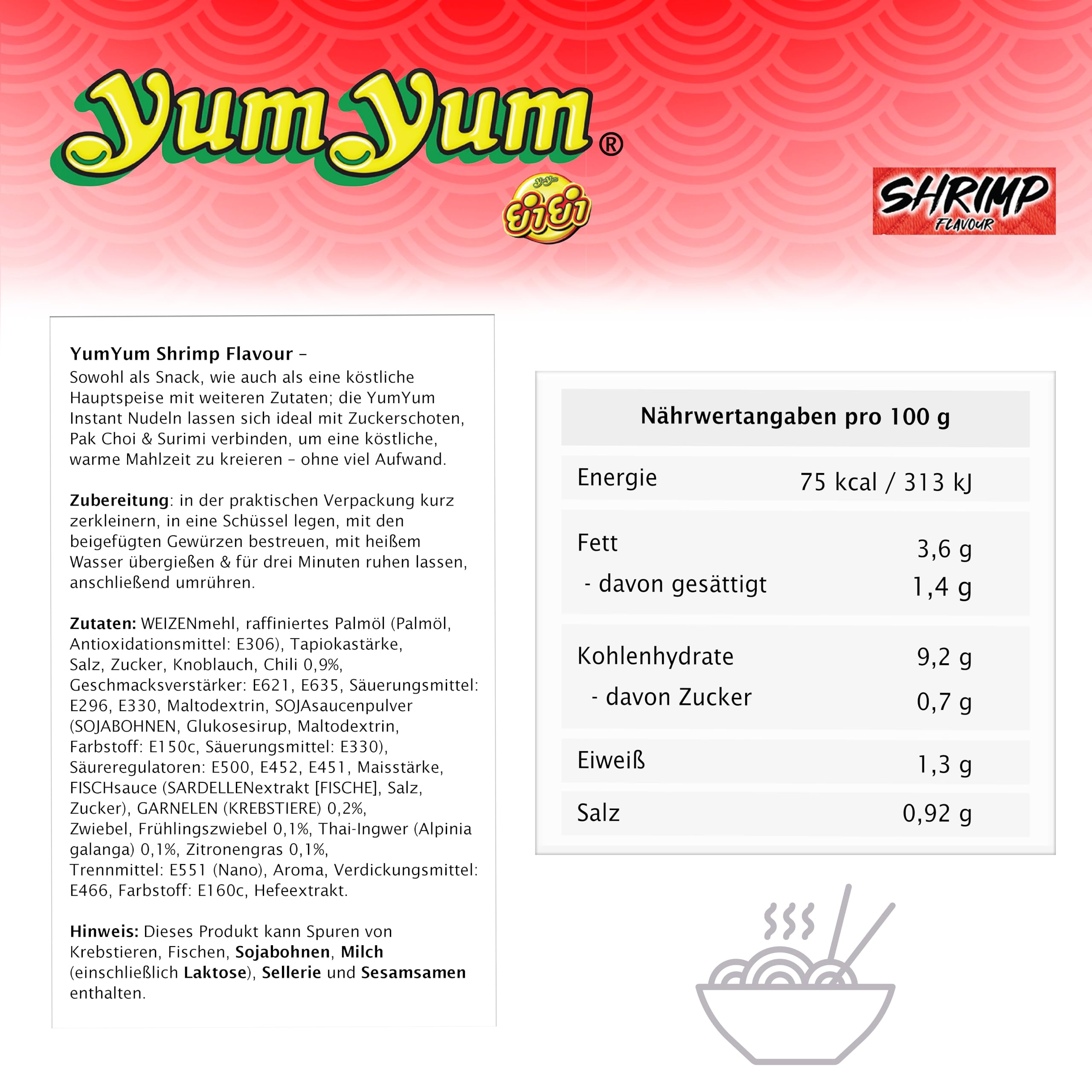 YumYum Shrimp Flavour 120x 60g Asiatische Instant Nudeln mit Garnelengeschmack, zubereitet in wenigen Minuten, ideal mit Zuckerschoten & Surimi, authentisch thailändisch, Herstellung in Thailand