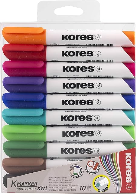 Kores - K-Marker XW1: Coloured Whiteboard Marker Pens with Round Tip, Dry Wipe and Low-Odour Ink, School and Office Supplies, Set of 10 Assorted Colours