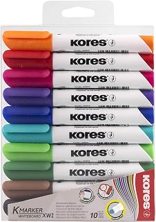 Kores - K-Marker XW1: Coloured Whiteboard Marker Pens with Round Tip, Dry Wipe and Low-Odour Ink, School and Office Supplies, Set of 10 Assorted Colours