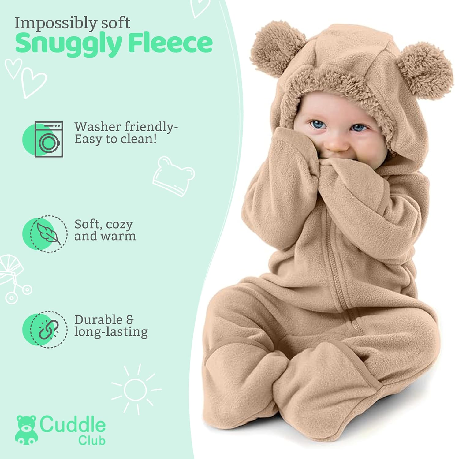 Cuddle Club Fleece Baby Bunting Bodysuit with Hood, Convertible Mittens & Booties, Car Seat Friendly, Soft & Warm, Easy Zip - Image 2
