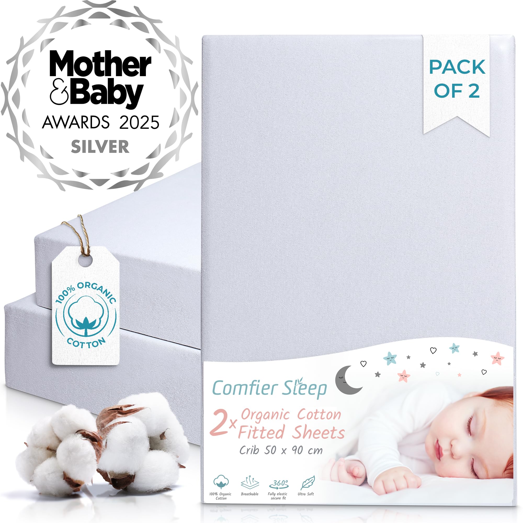 – Crib Sheets 50x90cm – 100% Organic Cotton 2 Pack Grey Cozee Bedside Crib Fitted Sheets – Soft Cot Sheets for Breathable Comfort