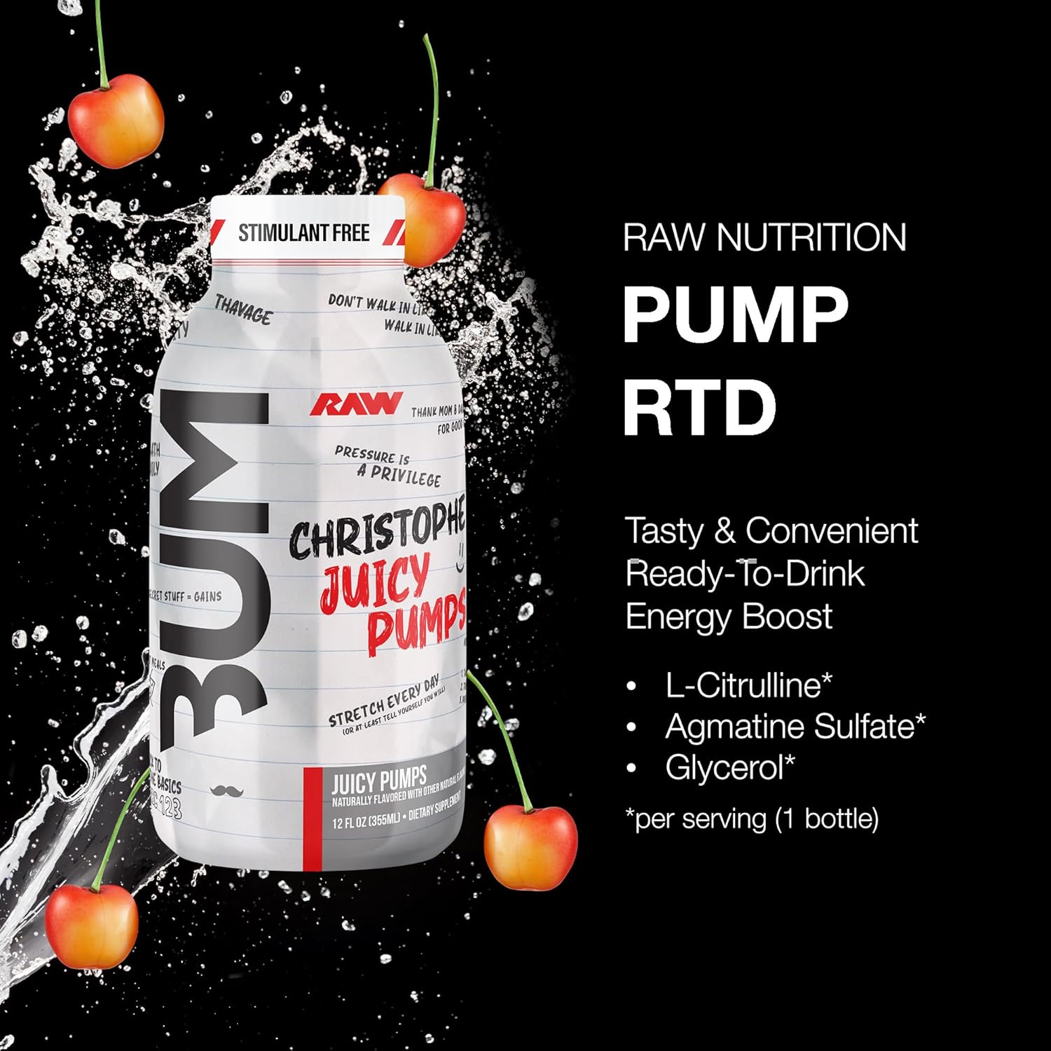 RAW Ready to Drink Pre-Workout Drink, Juicy Pumps (White Cherry) - Bum Pump RTD Zero-Sugar Energy Supplement Drink - Caffeine-Free & Sugar-Free Energy Drinks with L-Citrulline, 12 Fl Oz