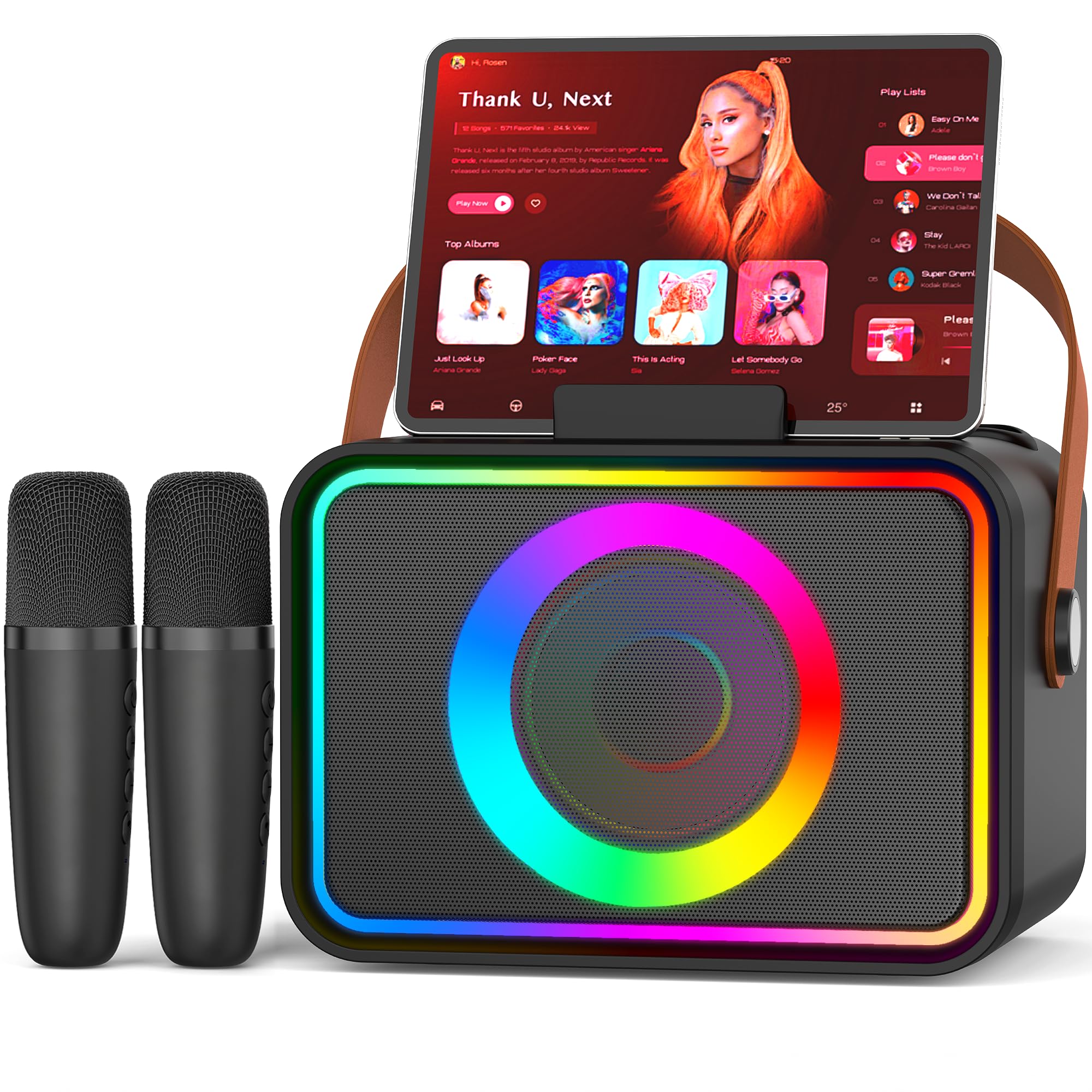 Photo 1 of Karaoke Machine for Kids Adults,Portable Bluetooth Speaker with 2 Wireless Microphone with LED Lights, Karaoke Microphone with PA System Supports USB/TF/AUX,Gift for Party (Black)