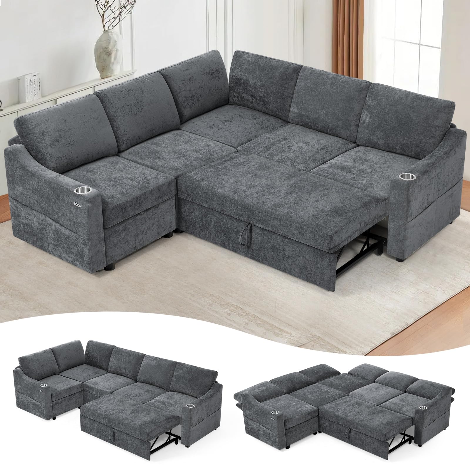 Lesofair 84" Chenille Modular Sleeper Sofa with Adjustable Backrests, Convertible Corner Sofa with USB Ports, L-Shape Sectional Couch with Pull-Out