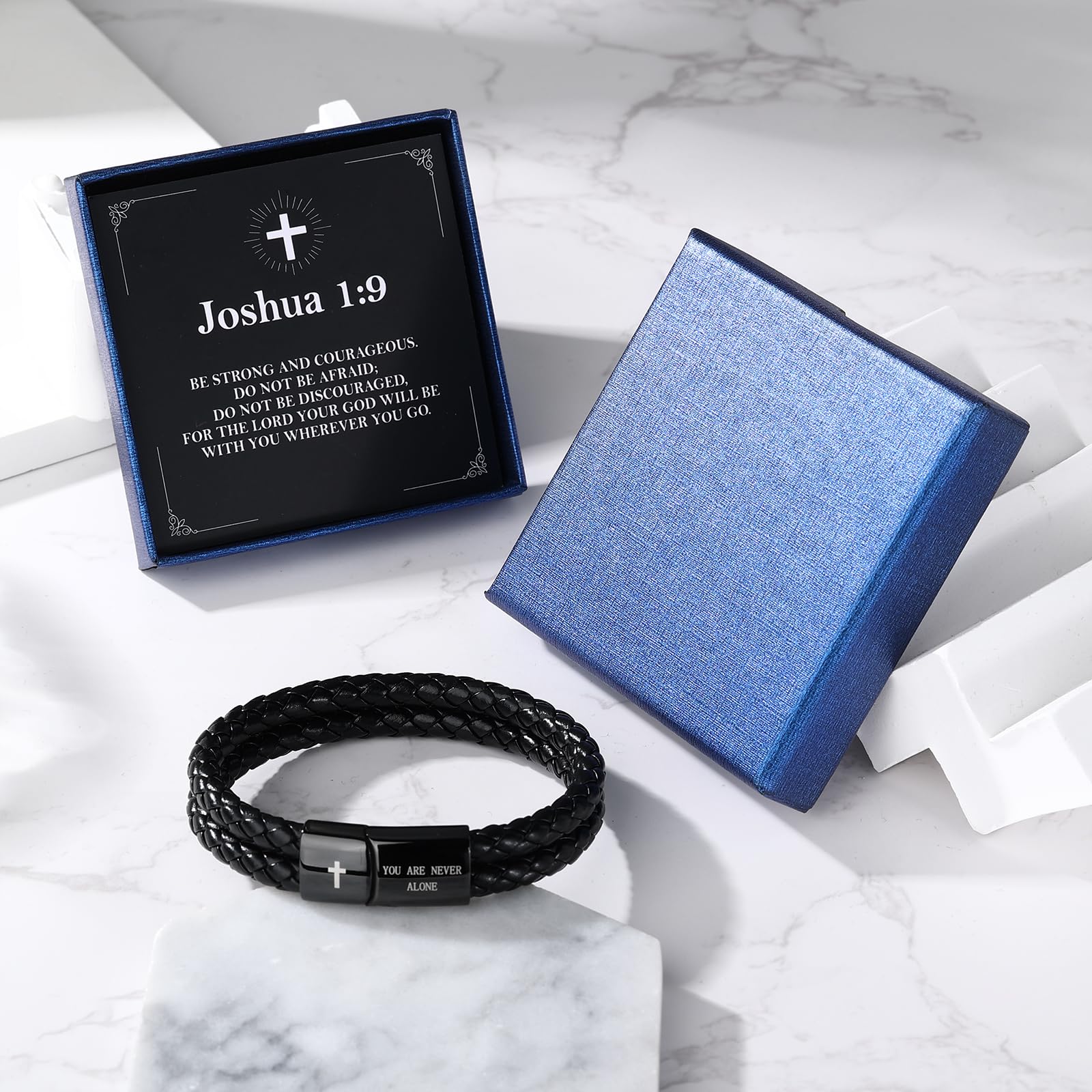Men's Leather Bracelet with Cross Bible Verse, Double Layer Black Genuine Leather Bracelet for Men, Christian Religious Baptism Easter Gift for Men Dad Husband Boyfriend Grandson Son