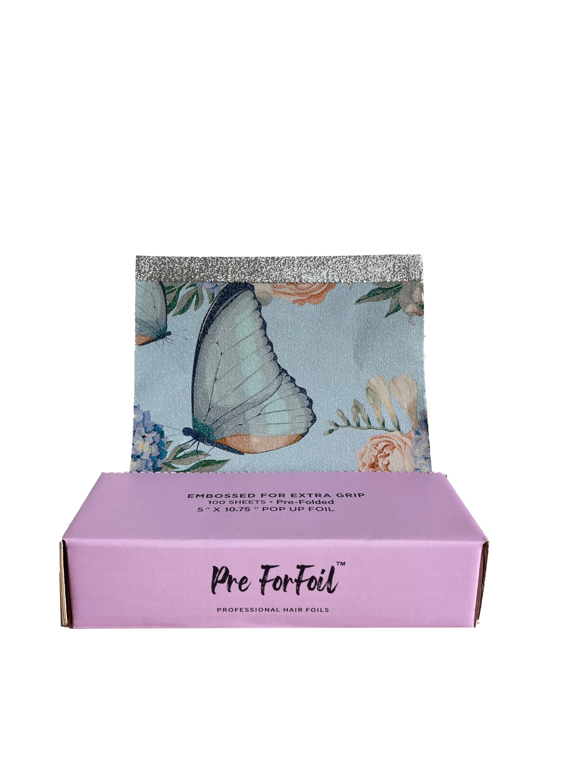 Butterfly Design Pop Up Hair Foils For Highlighting and Salon Use, 5 x 10.75 inch, 100-Count, Professional, Pre Cut Embossed Aluminum Foil Sheets For Hair Butterfly Pattern