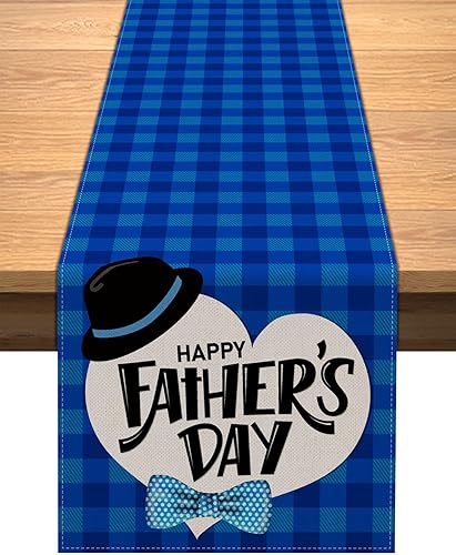 Vohado Camino de mesa para el día del padre, diseño de búfalo azul a cuadros Best Dad Ever para interiores y exteriores, decoración de fiesta,