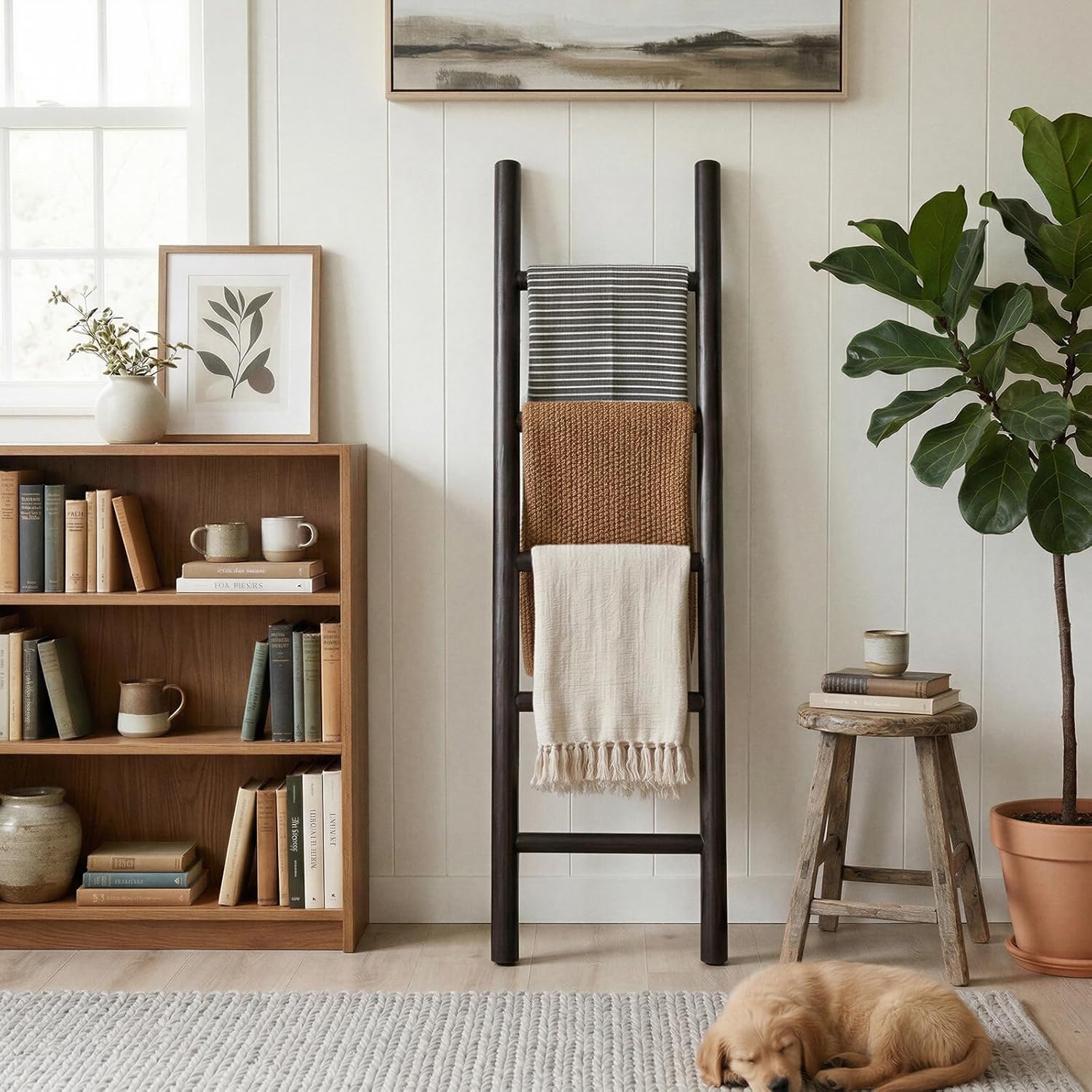 Wooden Blanket Ladder - 57in Natural Wood Color- Leaning Wall Decor for Bedroom, Bathroom, Living Room - Rustic Quilt Holder & Towel Rack (Dark Walnut 57in | Knock Down)