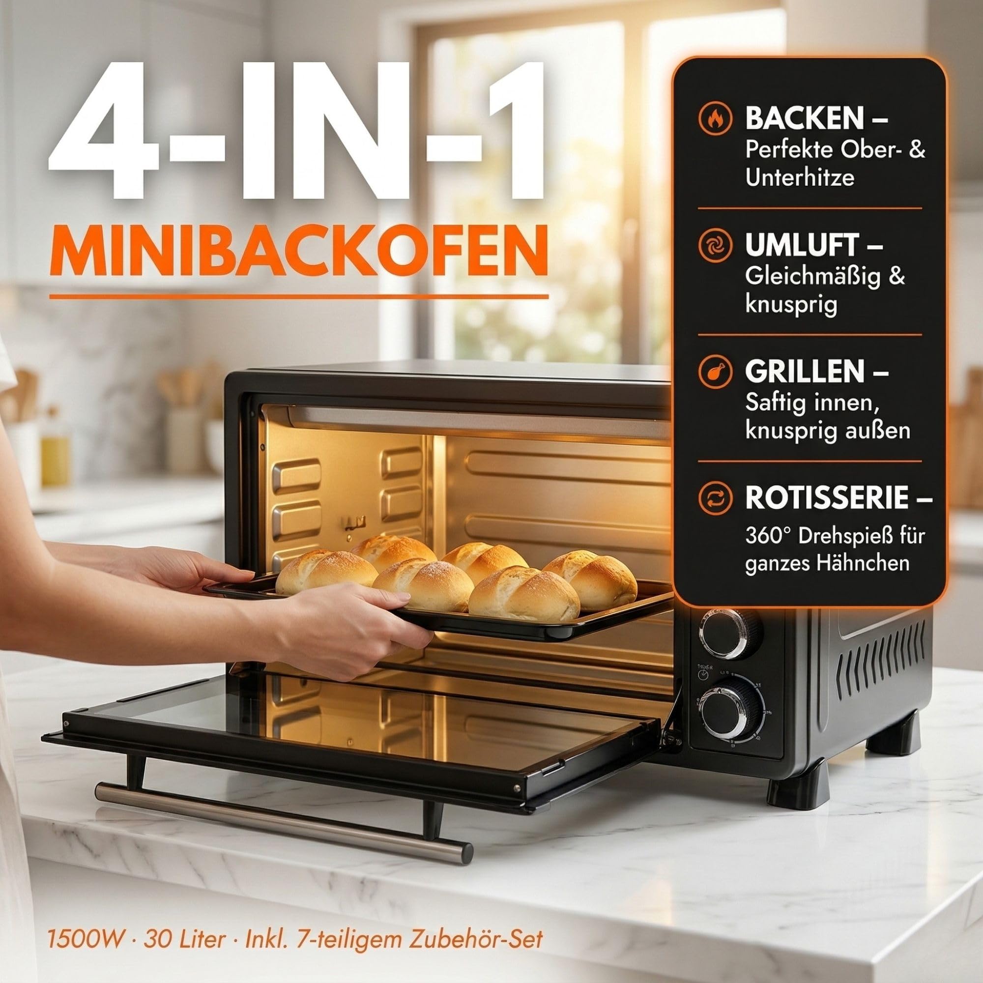 Sommertal Mini four 30 l avec tournebroche et chaleur tournante, 1500 W, 100 à 230 °C, minuterie 60 min, mini four, petit four pour cuire, griller et pizza, four de camping avec accessoires
