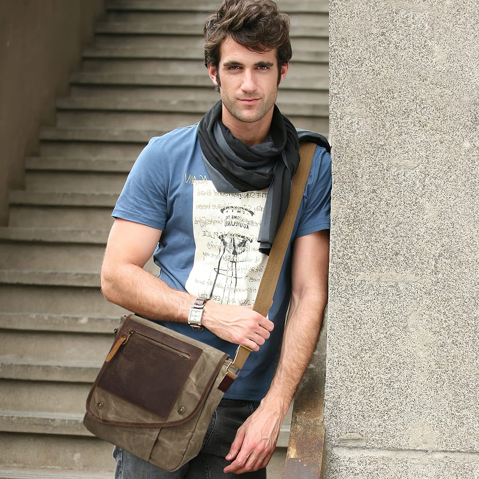 VARLIVOO Rétro Homme Sacs Bandoulière Sac d'épaule Sac Messager Commuer Voyager École Randonnée Camping Travail L'école Multifonctionnel Plusieurs Poches Imperméable Toile Kaki