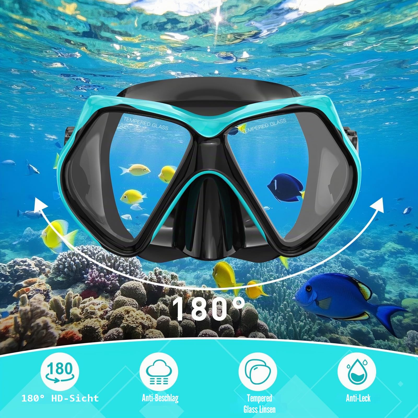 Schnorchelausrüstung für Erwachsene, Schnorchel-Set, Tauchmaske, Dry-Top, Erwachsenen-Schwimmbrille mit Nasenabdeckung, HD-gehärtetes Glas, Panorama-Anti-Leck, Anti-Beschlag, Reise-Schnorchelpakete