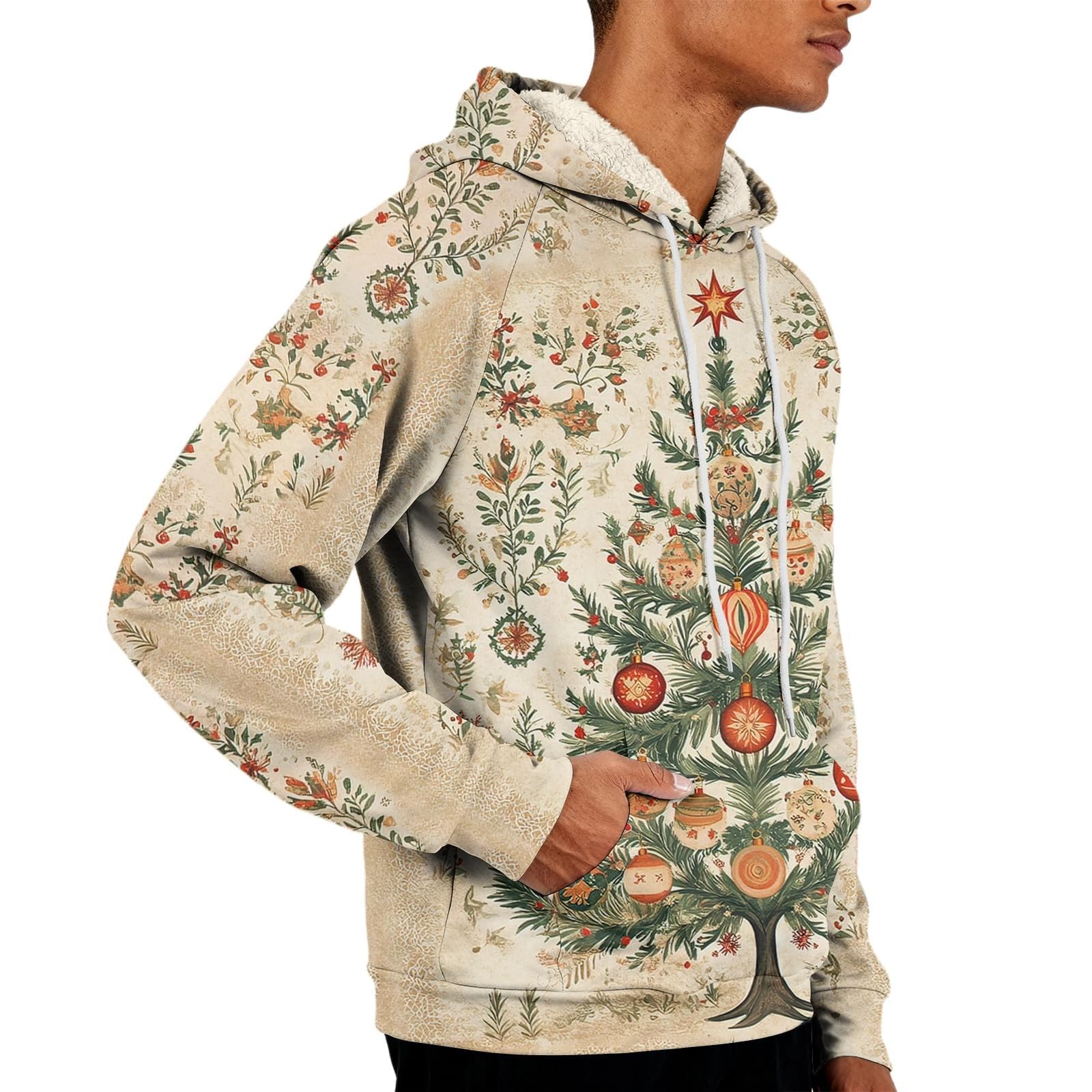 Jersey de Navidad con forro polar para hombre, divertido, brillante, para árbol de Navidad, trajes de Navidad de gran tamaño, manga larga, suéter cálido de sherpa, disfraces navideños