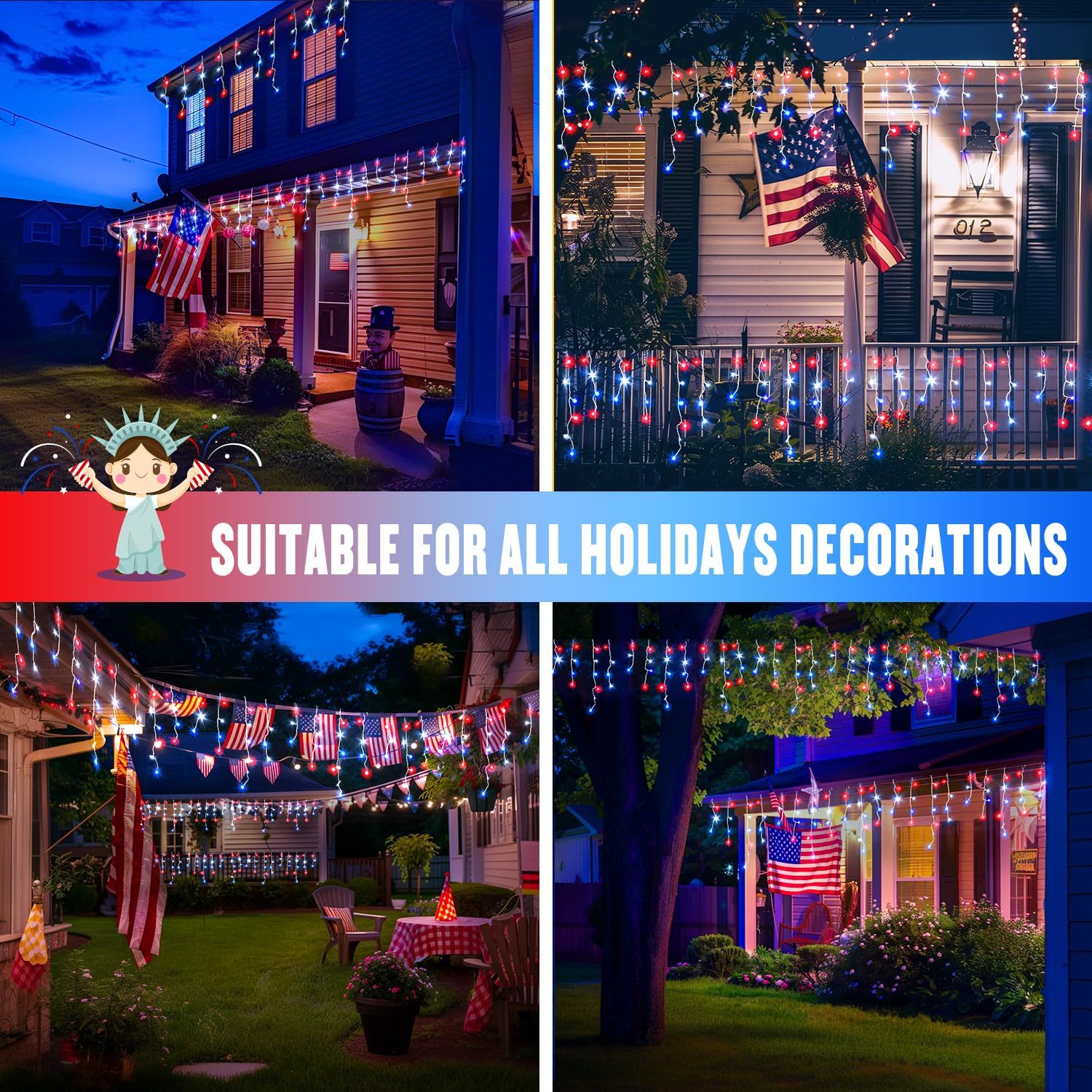 JMEXSUSS Icicle Lights for 4th of July Decor, 400 LED Red White and Blue Icicle Lights for Outside, 38.8 Ft Independence Day Icicle String Light Indoor Outdoor Holiday American Flag Decor