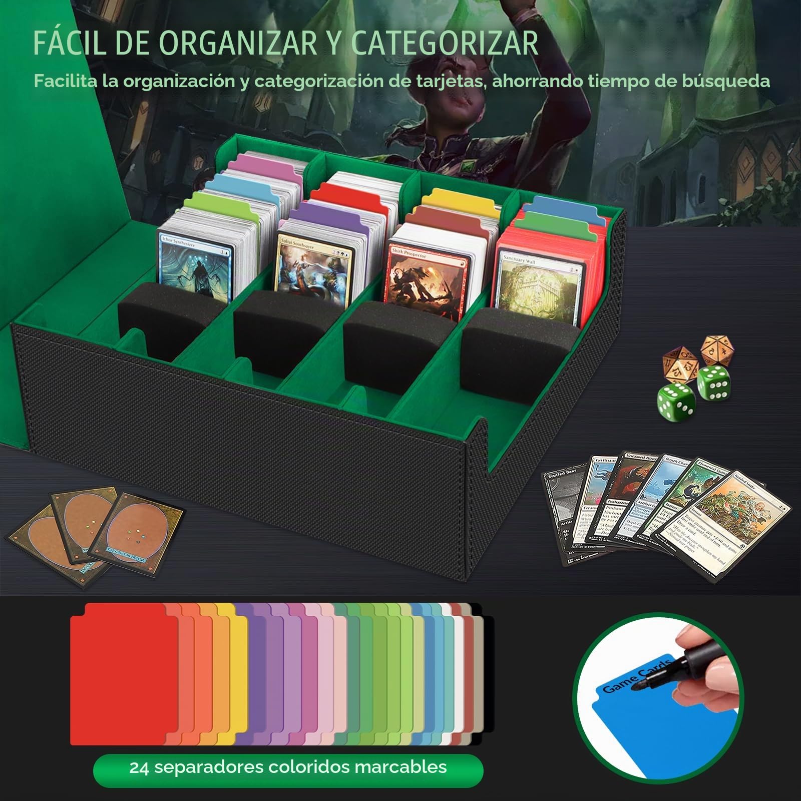 Caja de Tarjetas para Más de 3200 Tarjetas, Cajas de Almacenamiento de Tarjetas Coleccionables con 24 Divisores de Colores y 4 Espuma, Cajas de Cubierta Magnéticas Premium, para TCG Magic(Negro Verde)
