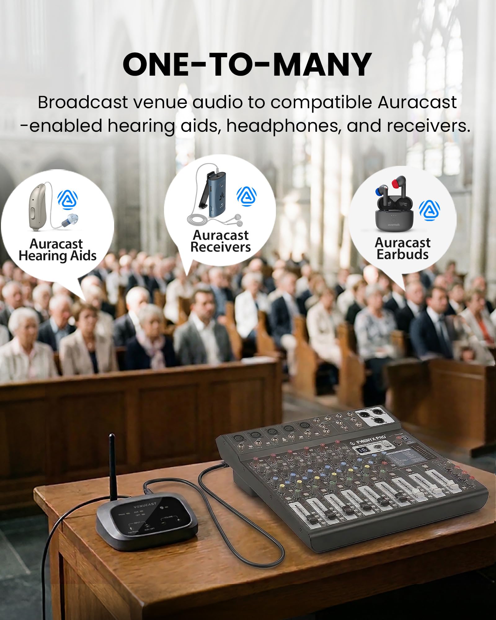 Venucast Oasis Aura - Transmisor Auracast para Iglesias & Recintos, Audio Broadcast para Auracast Dispositivos Escucha Personal y Receptores, BYOD soportado, Compatible con Mezcladores & TVs