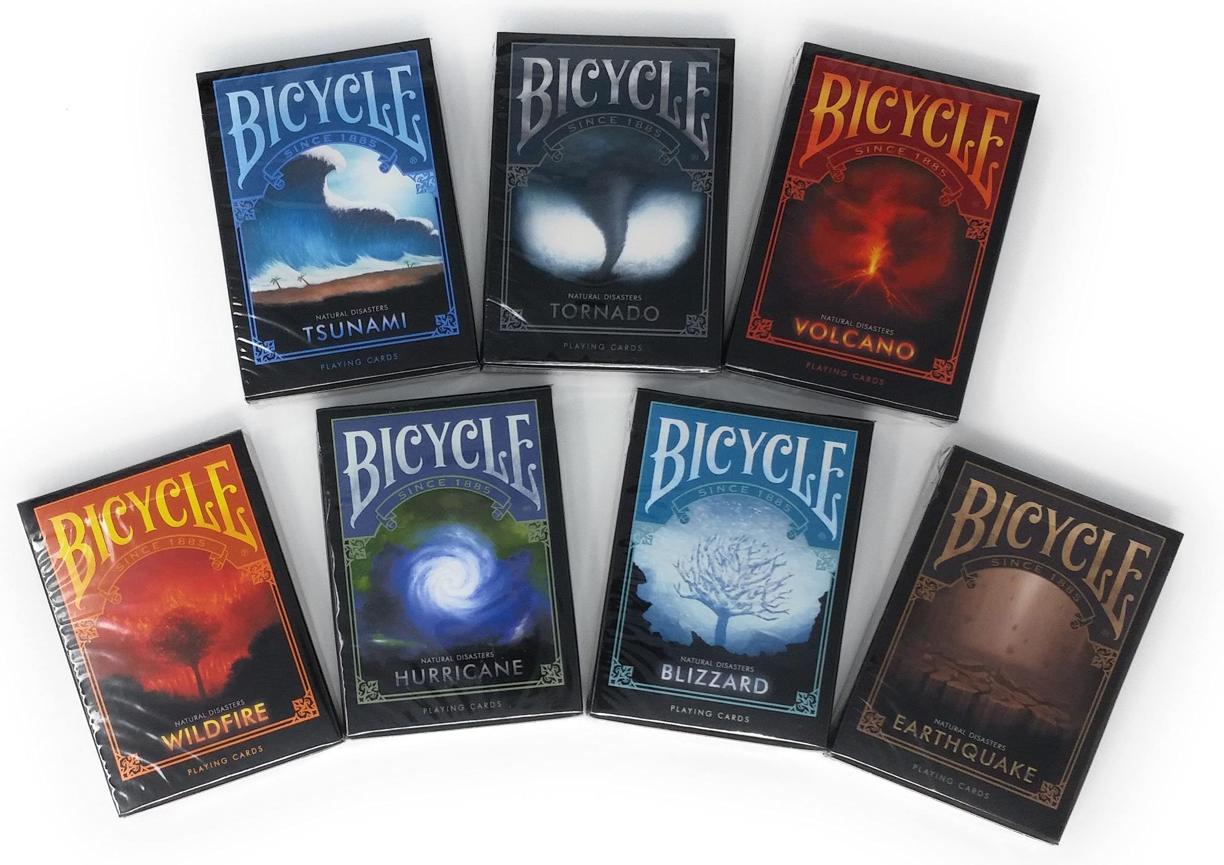 Bicycle Natural DISASTERS Playing Cards, 7 Deck Collector Set Earthquake, Tornado, Wildfire, Volcano, Hurricane, Tsunami & Blizzard!