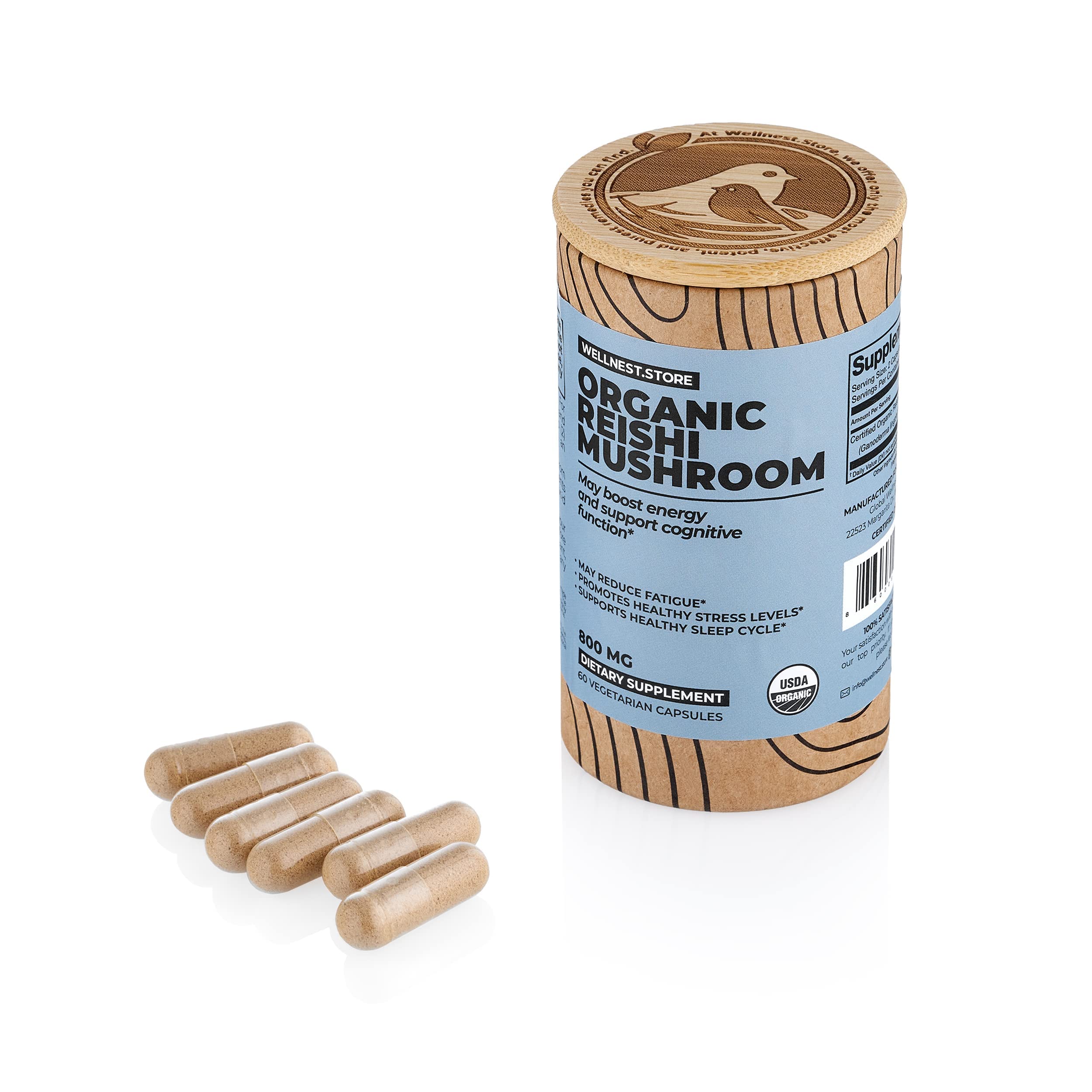 Reishi Organic Mushroom Supplement Capsules | Ganoderma Extract, Immune Support Supplement | Boosts Energy, Fights Fatigue & Supports Cognitive Function | Mushroom Extract Capsules (60)