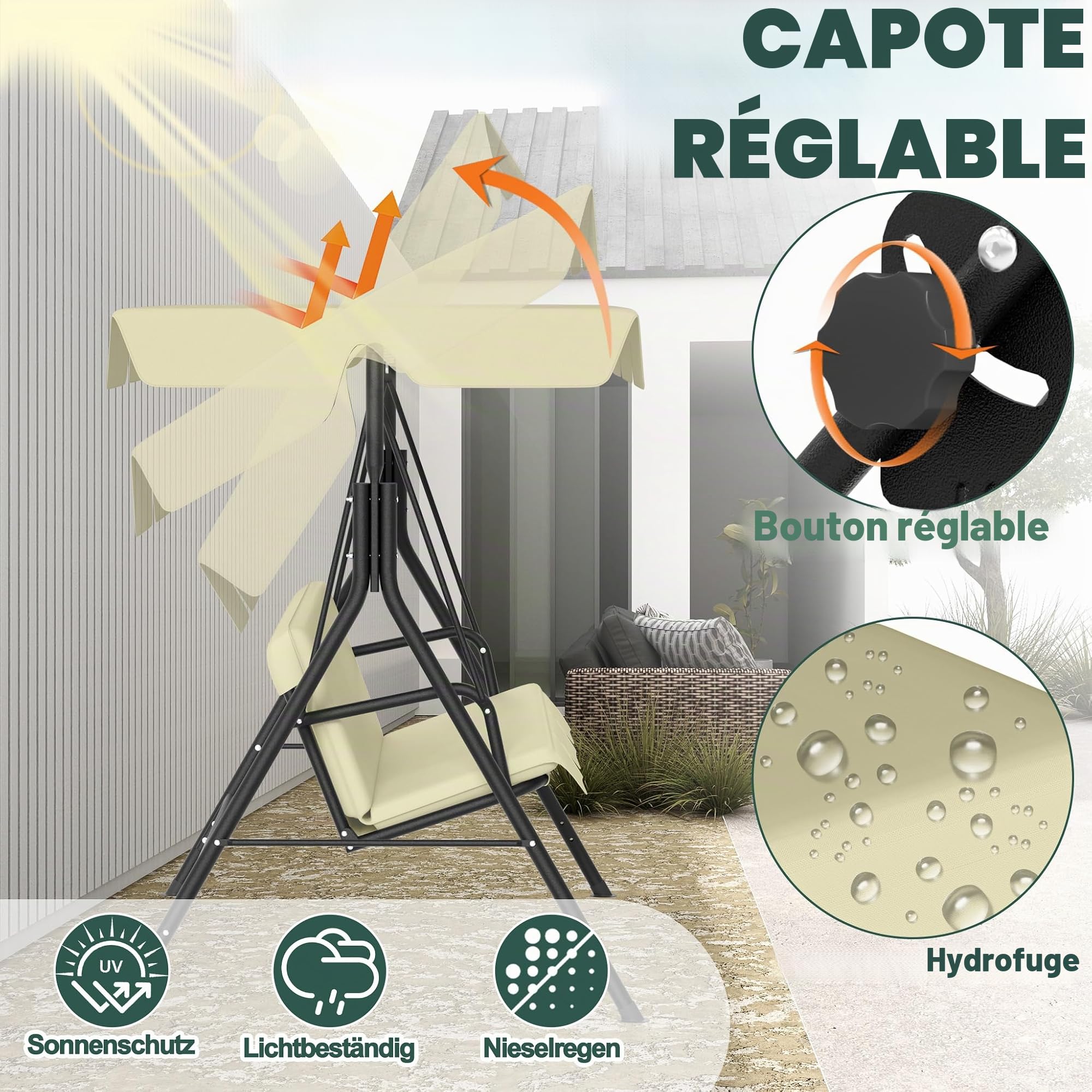 Froadp Balancelle de jardin d'extérieur avec toit, 3 places, charge jusqu'à 200 kg, résistante aux intempéries, pour adultes, pour jardin, balcon, terrasse, 176 x 110 x 152 cm, beige