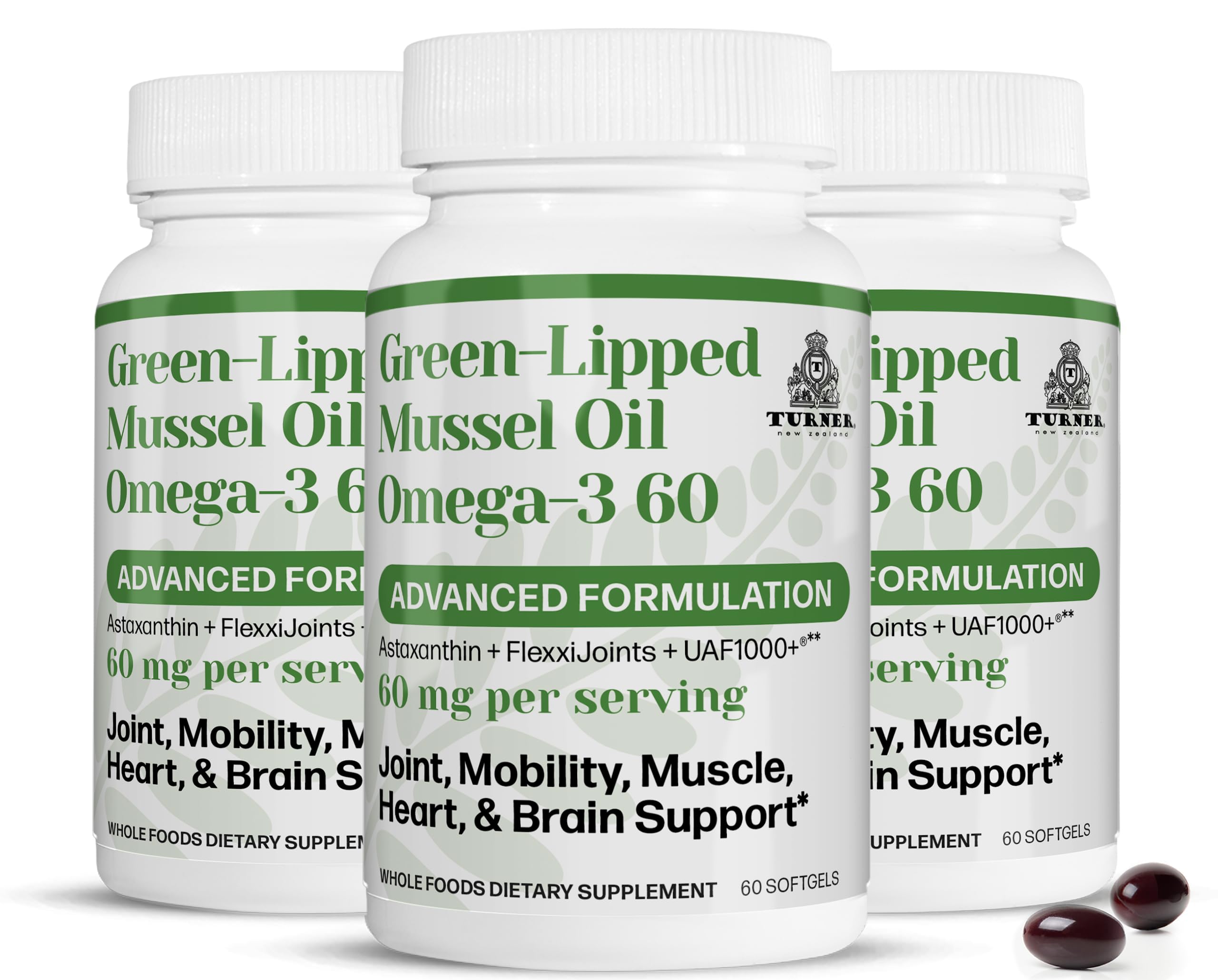 TURNER New Zealand Green Lipped Omega-3 Mussel Oil, 53x Higher Potency with UAF1000+ Super Antioxidant. No Fishy Aftertaste, 3 Bottles, 180 Softgels
