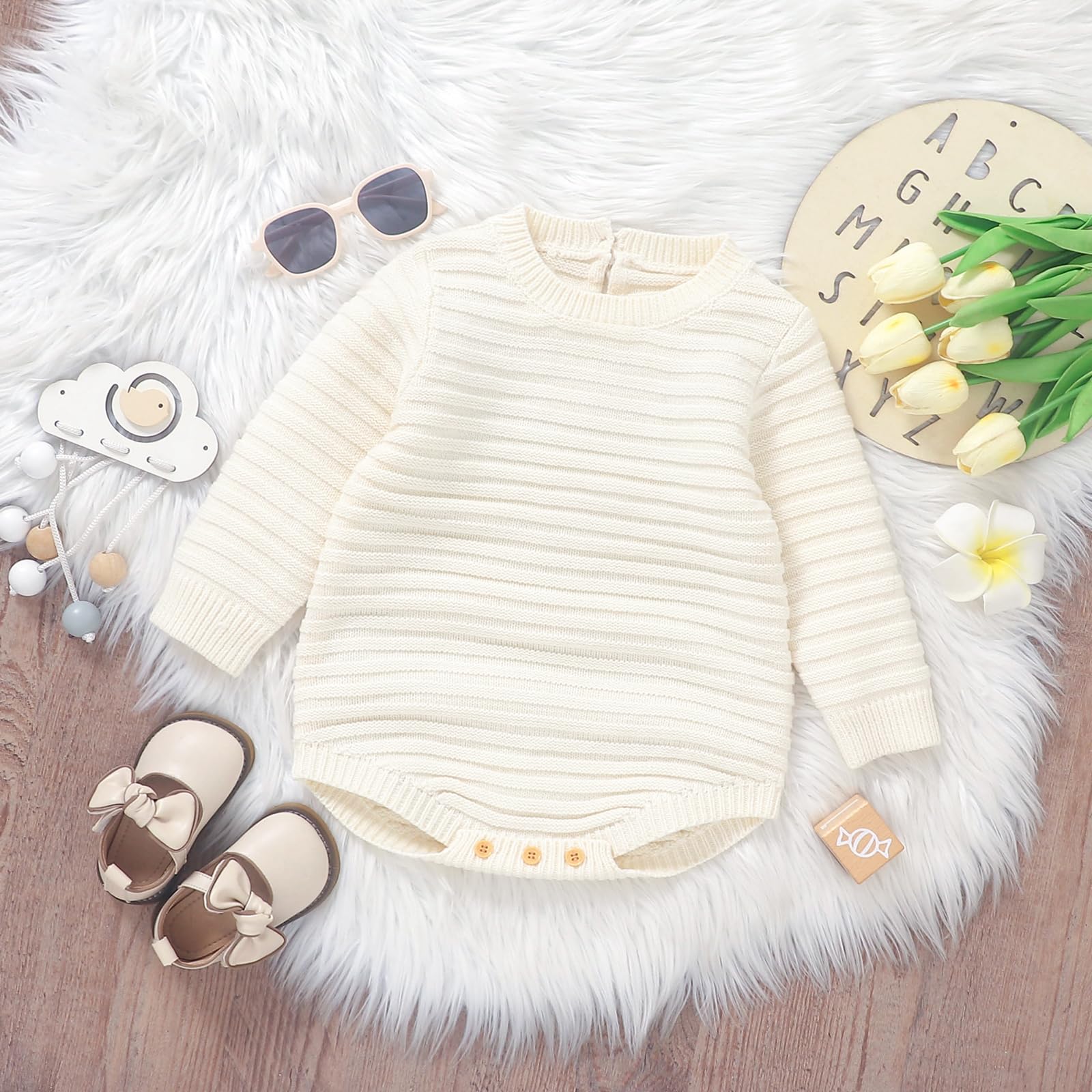 Ursobutegl Newborn Baby Girl Boy Knitted Romper Sweater Long Sleeve Knit Oversized Bodysuits Sweatshirt Fall Winter Clothes (Apricot, 12-18 Months)