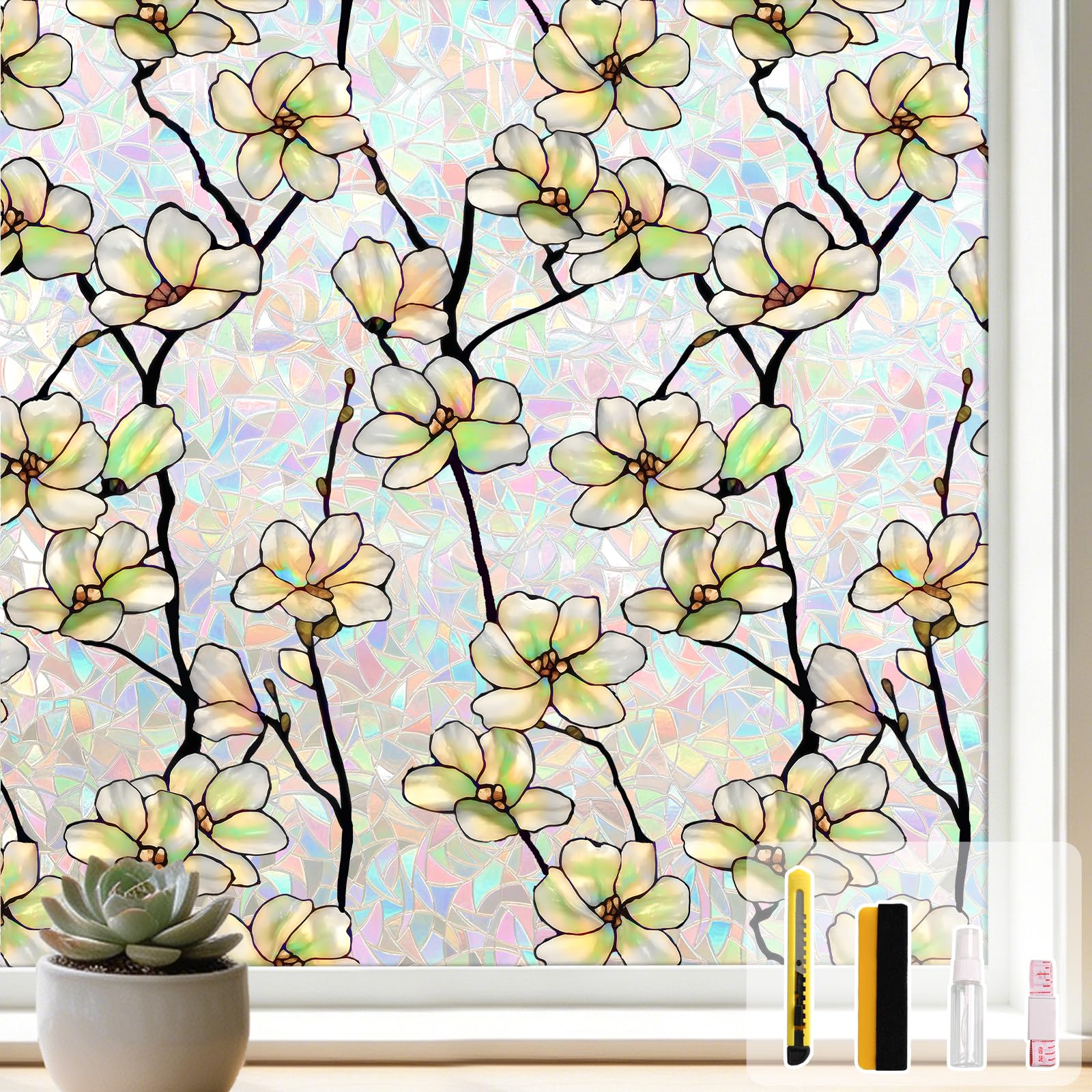 Kromapolis Film d'intimité statique 3D pour vitrail - Non adhésif - Bloque les UV - Vinyle amovible - Motif magnolia arc-en-ciel - 44,5 x 400 cm