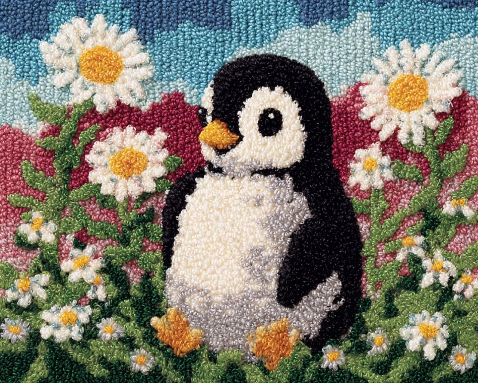 Wallphantom Latch Hook Rug Kits for Adults,Penguins and Flowers,DIY Crochet Yarn Carpet Embroidery Rug Kit,Latch Hook 3D Craft for Home Decor Festival Gift,52x38cm