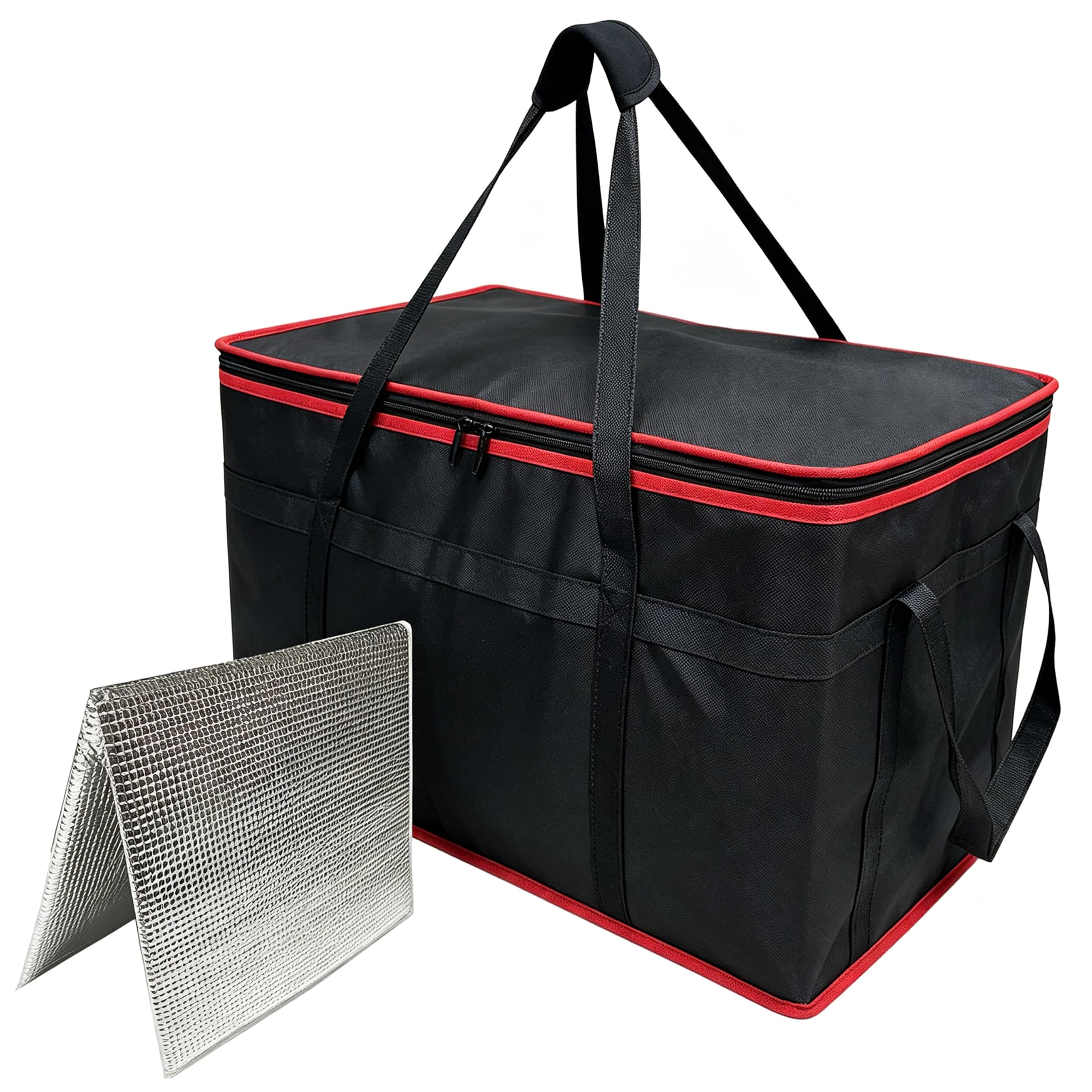 Surbootime 77L Insulated Food Bag for Cars, Suitable for Food Delivery/Zip-Lock Shopping, Reusable, Extra Large Capacity, Reinforced Bottom, Ideal for Camping, Family BBQs, and Picnics (Red & Black)
