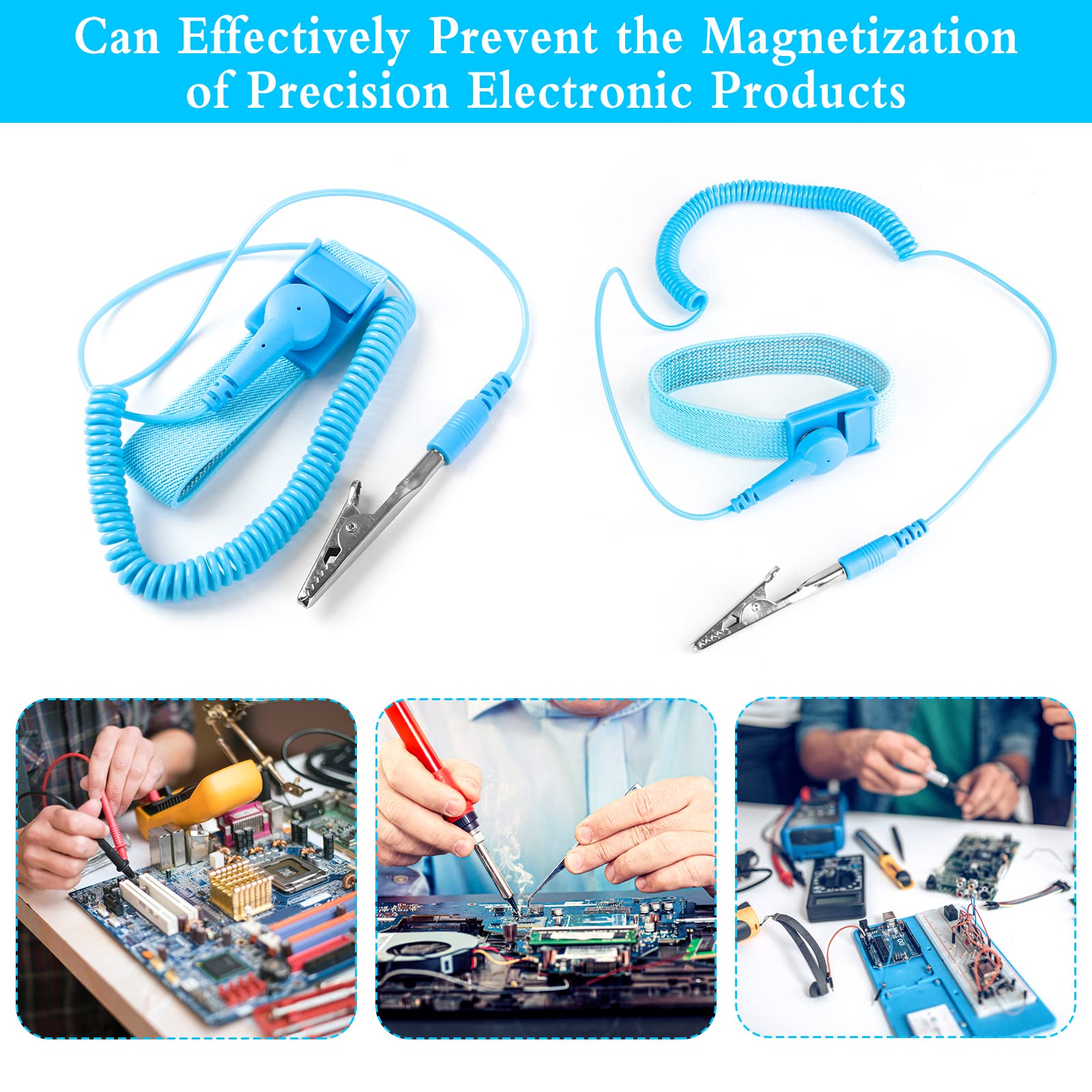 6 Pezzi Braccialetti Antistatici Bracciale Antistatico con Cinturino Anti Elettricità Statica Cinturino da Polso Antistatico con Cavo a Terra e Clip a Coccodrillo Blu