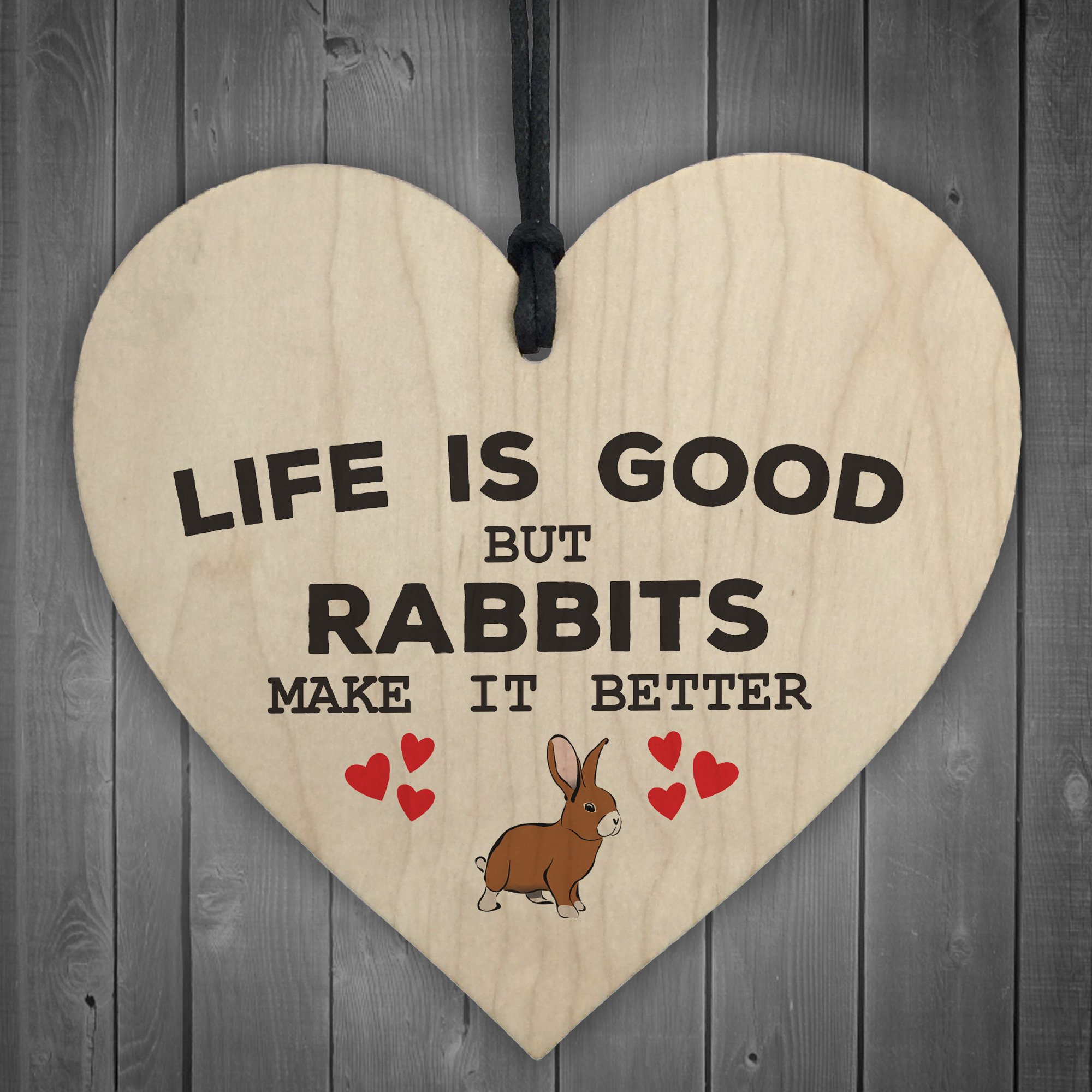 Red Ocean Rabbits Make Life Better Wooden Hanging Heart Plaque Pet Rabbit Hutch Sign Decor