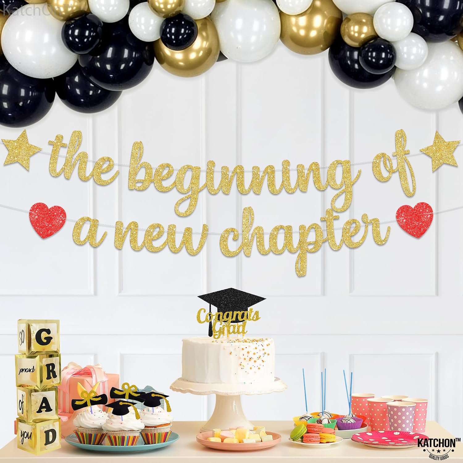 Graduation Decorations 2026 | Glitter Black and Gold Congrats Grad Banner - 10 Feet | Black and Gold Graduation Banner | Cap Garland for 2026 | 2026 Grad Party Decorations, KatchOn