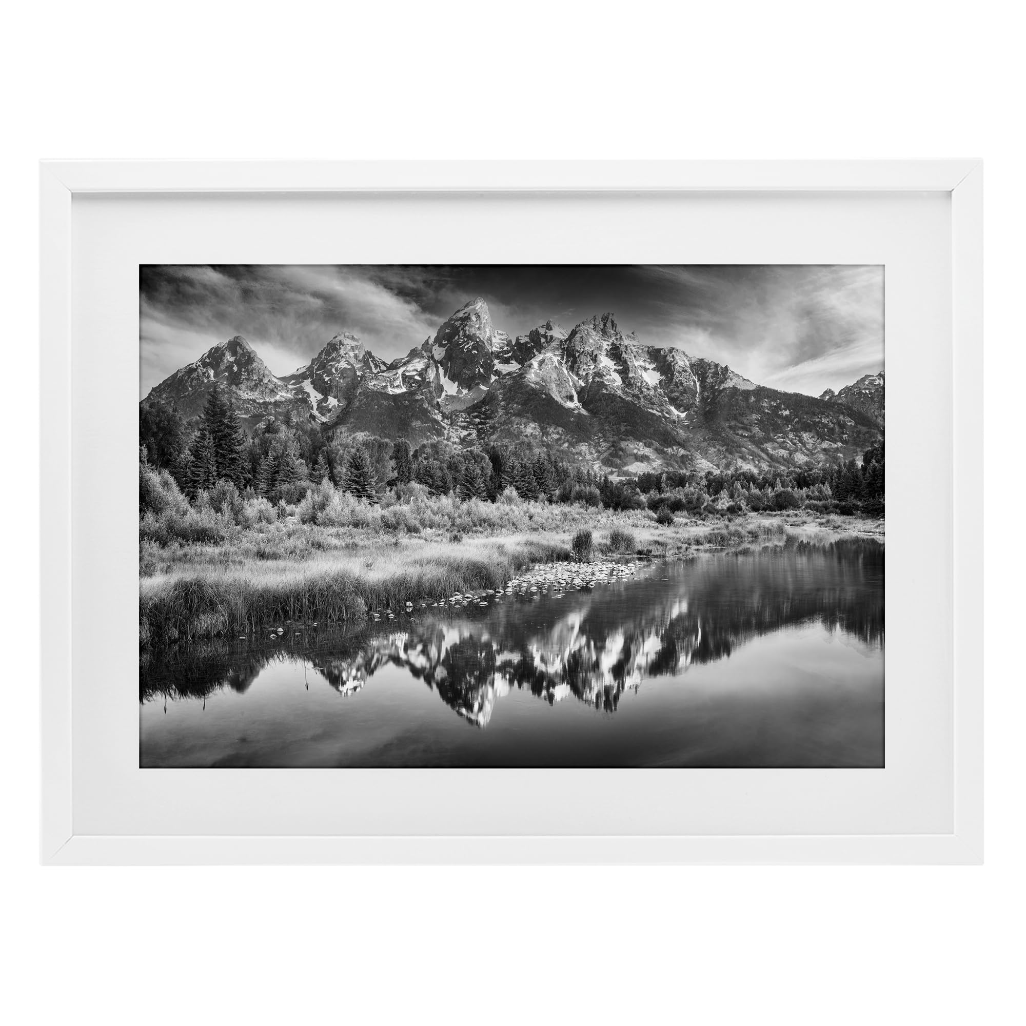 Stupell Industries Teton Mountain Reflections, Serene Greyscale Landscape for Living Room, 17 x 23 Inch Framed Matted Print Under Glass, by Rick Berk, Made in USA Gift