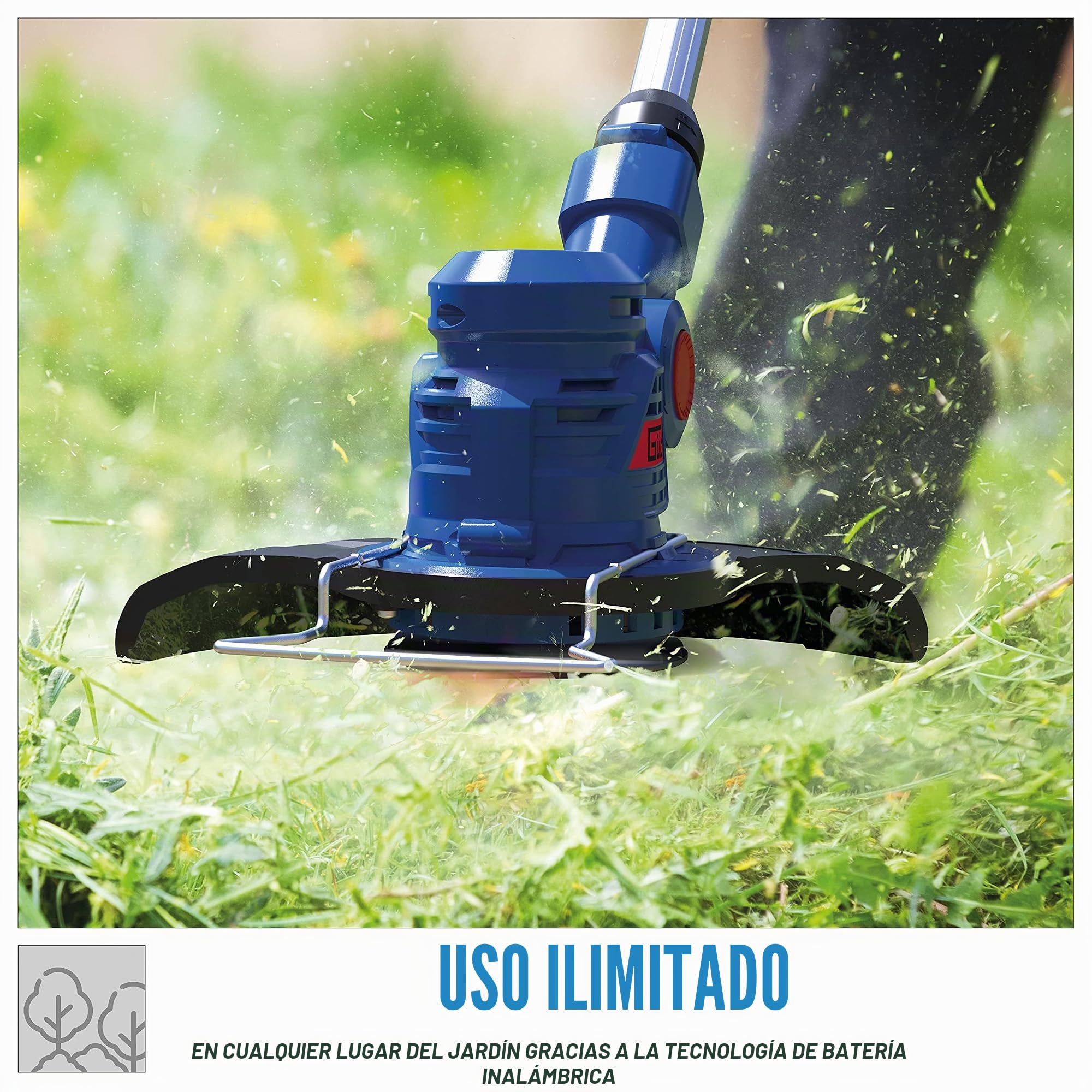 Güde 58599 RT 18-201-05 - Desbrozadora con batería (Incluye 20 Cuchillas de Repuesto, Cabezal de Corte Giratorio 180°, protección para Las Plantas) Azul