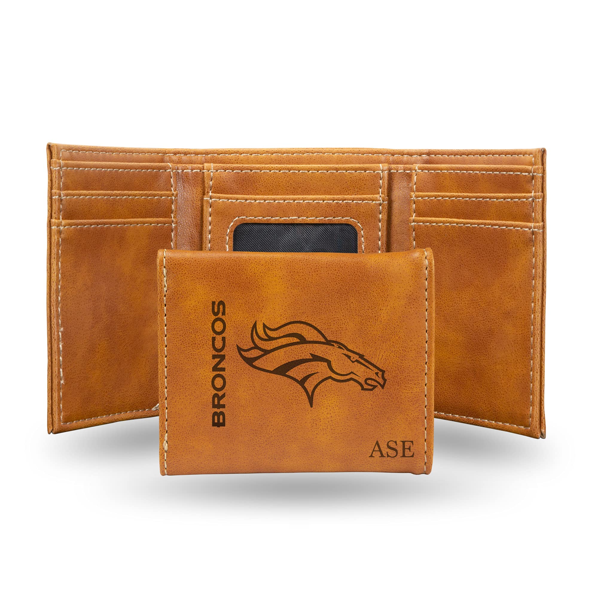 Rico Industries NFL Football Denver Broncos Brown Personalized-Custom Laser Engraved Tri-fold Wallet - Slim Wallet