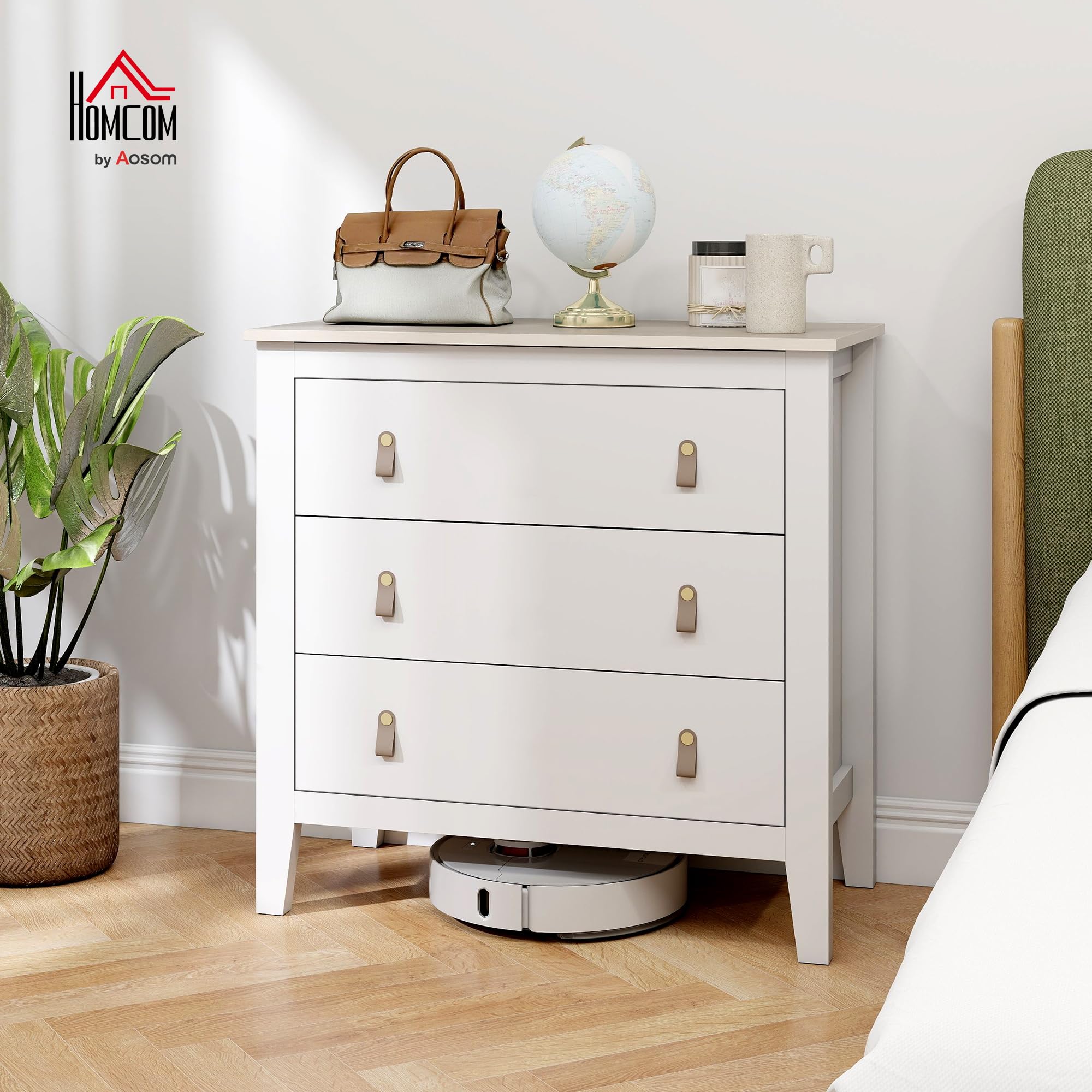 HOMCOM Cómoda de 3 Cajones Tiradores de PU Cajonera 80x40x78,5 cm Blanco | Cómoda para Dormitorio, para Salón Pasillo