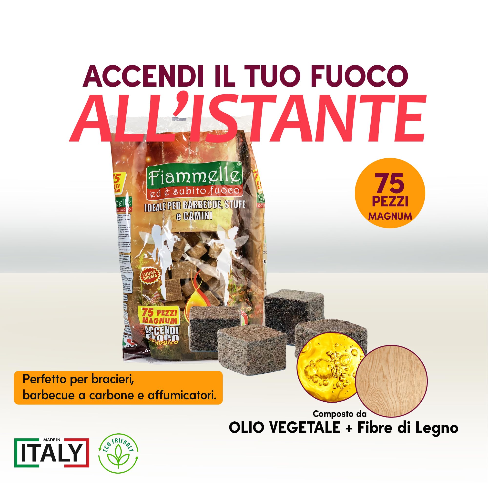 Sicignano - Allume-feu écologique Magnum - 75 pièces, solution écologique et sûre pour allumer les barbecues, poêles et cheminées de manière durable et simple