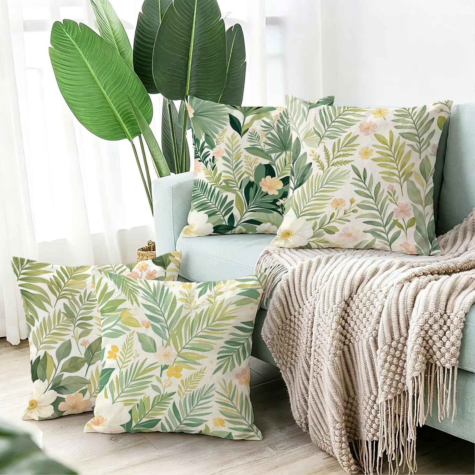 Verde Federe Cuscini Divano 50x50cm, Cuscini da Esterno Set de 4, Cod-180 | Lin Copricuscini Decorativi Letto Arredo, per Letto, Soggiorno, Giardino, Esterno, Casa Decorazione Set di 4 Pianta
