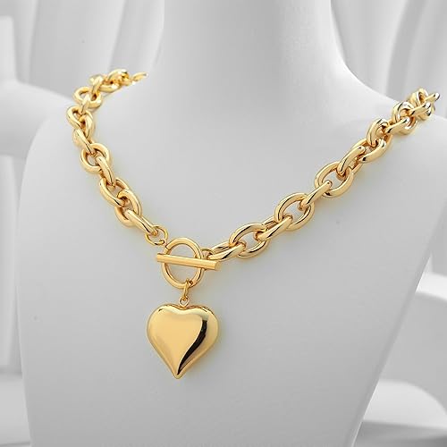 Miniatura 3 de WOWORAMA Collar de cadena gruesa de oro para mujer, collar con colgante de corazón hinchado, collar de oro blanco grueso de cadena gruesa, collares