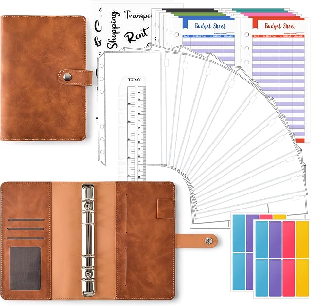 30Pcs Budget Binder Set, TOYESS Leather Money Binder with 12 Cash Envelopes, 12 Budget Sheets, 2 Label Stickers, 1 Ruler for Budget Planner, Ring Binder Money Organiser for Money Saving Wallet, Brown