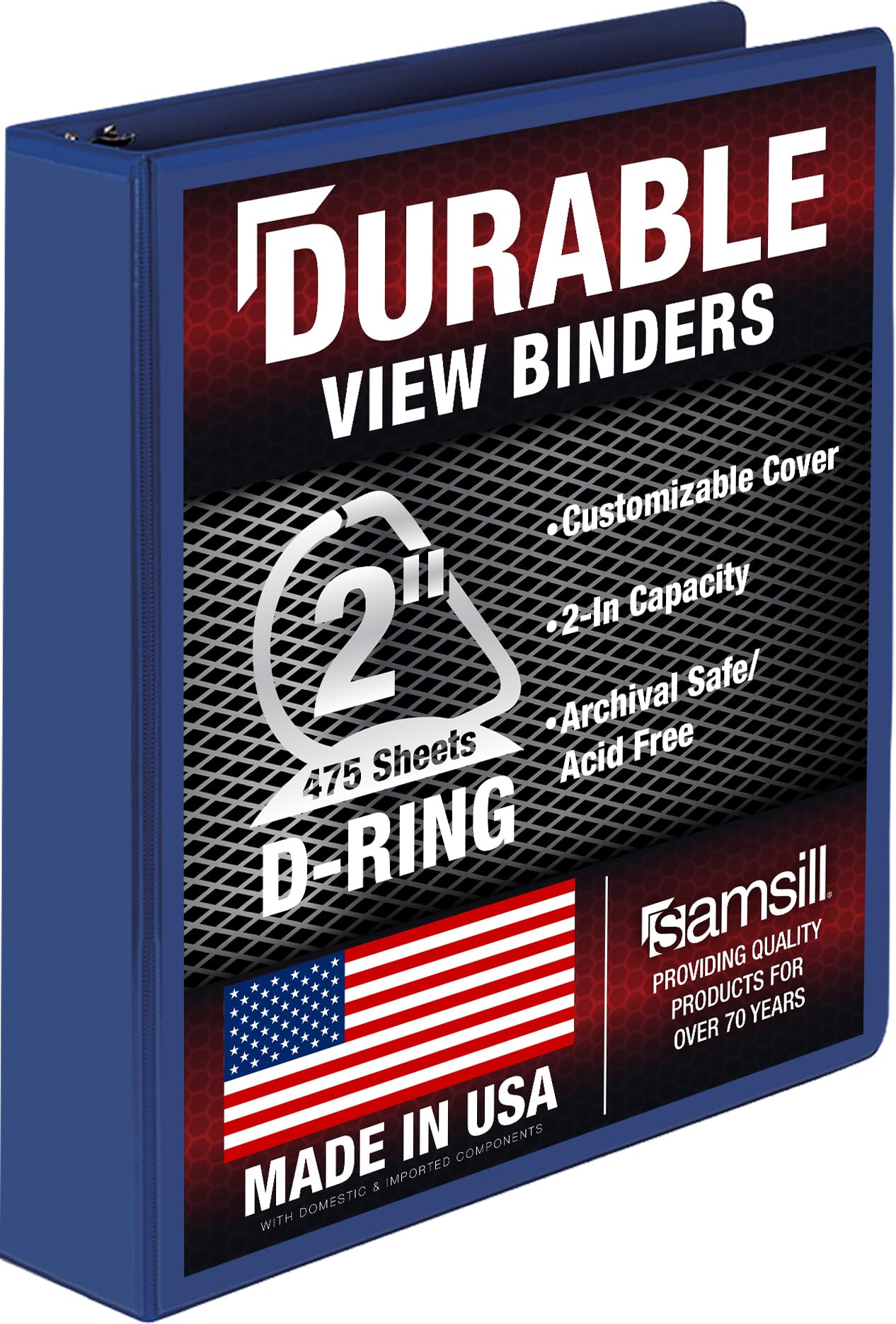 Samsill Durable 2 Inch Binder, D Ring Binder, Customizable Clear View Cover, Dark Blue, Holds 475 Pages