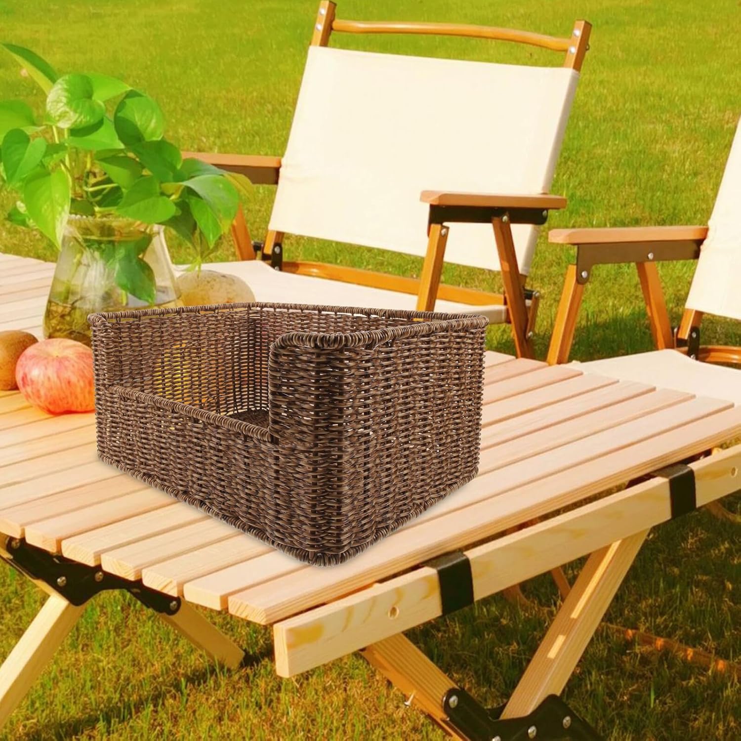 Tofficu Imitation Rattan Woven Basket Dark Color Book Storage Basket Multi-functional Desk Sundry Organizer for Office and Home Shelf Storage
