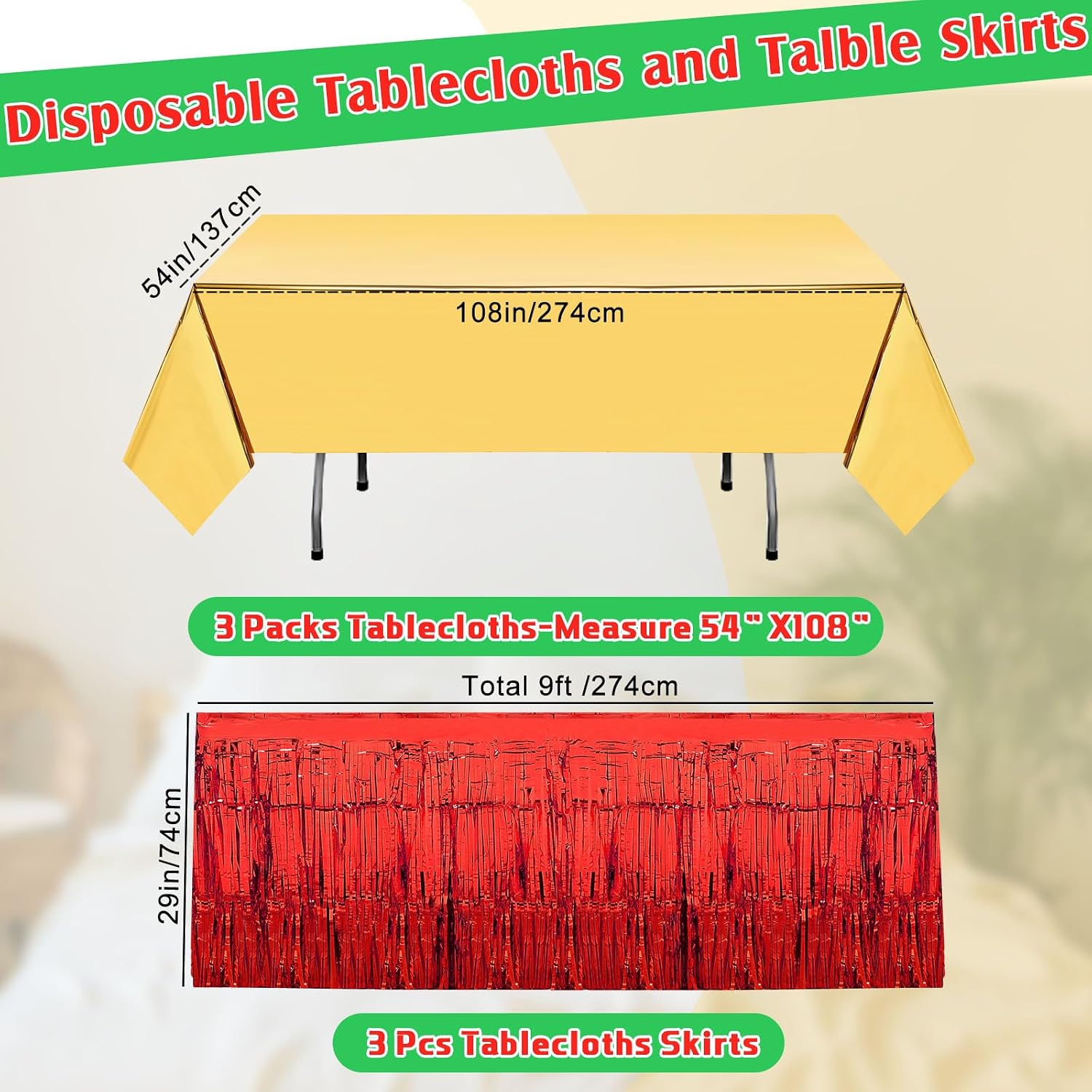3 Pack Lallisa Metallic Foil Fringe Table Skirts and Foil Tablecloth 54 x 108" Disposable Plastic Table Cover 29 x 108" Streamer Fringe Table Skirt for Christmas New Year Party (Red,Green,Gold)